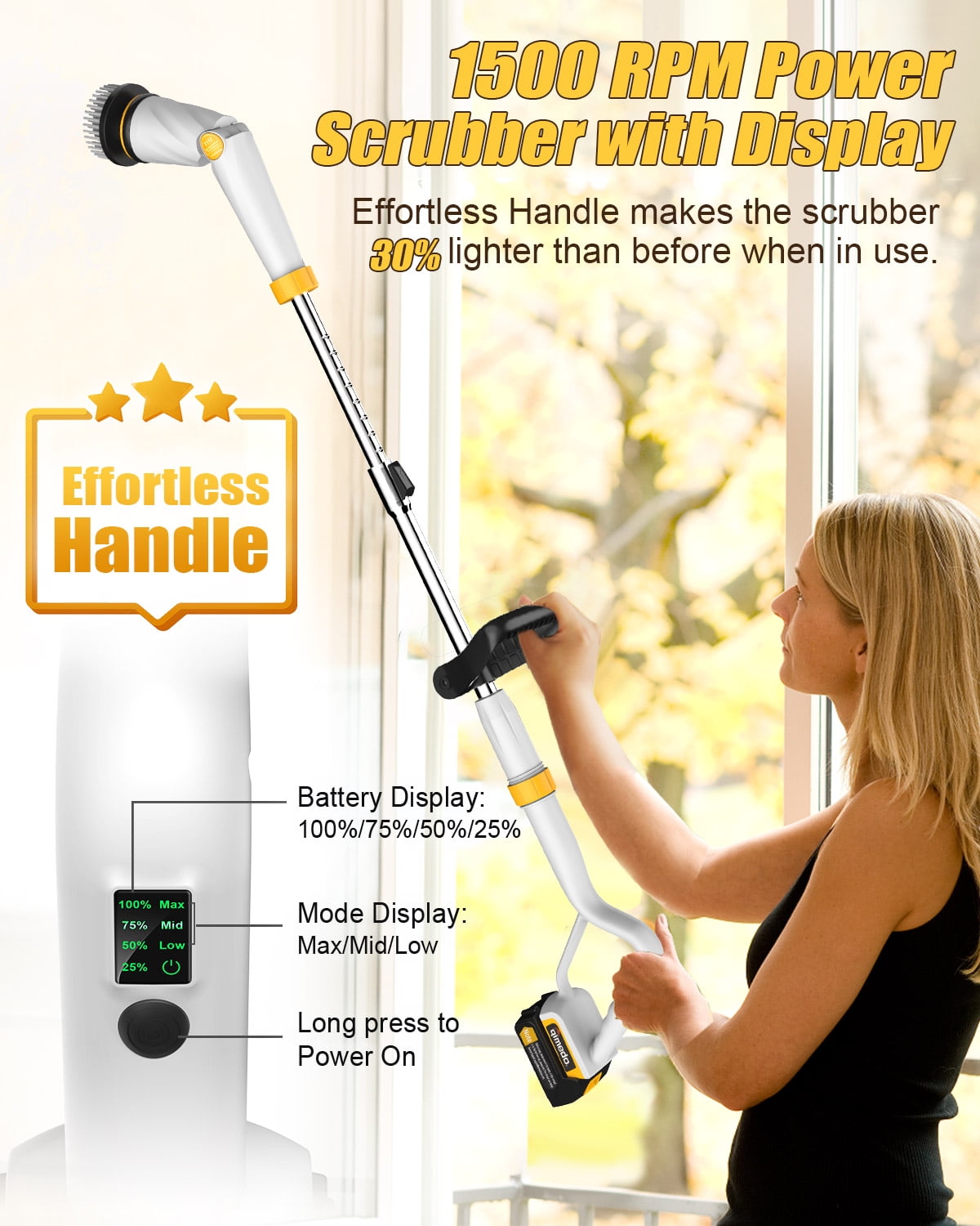 1500 RPM Electric Spin Scrubber with 2 Battery, Amiluo Upgraded Shower Cordless Cleaning Brush with Effortless Handle for Bathroom/Tub/Tile