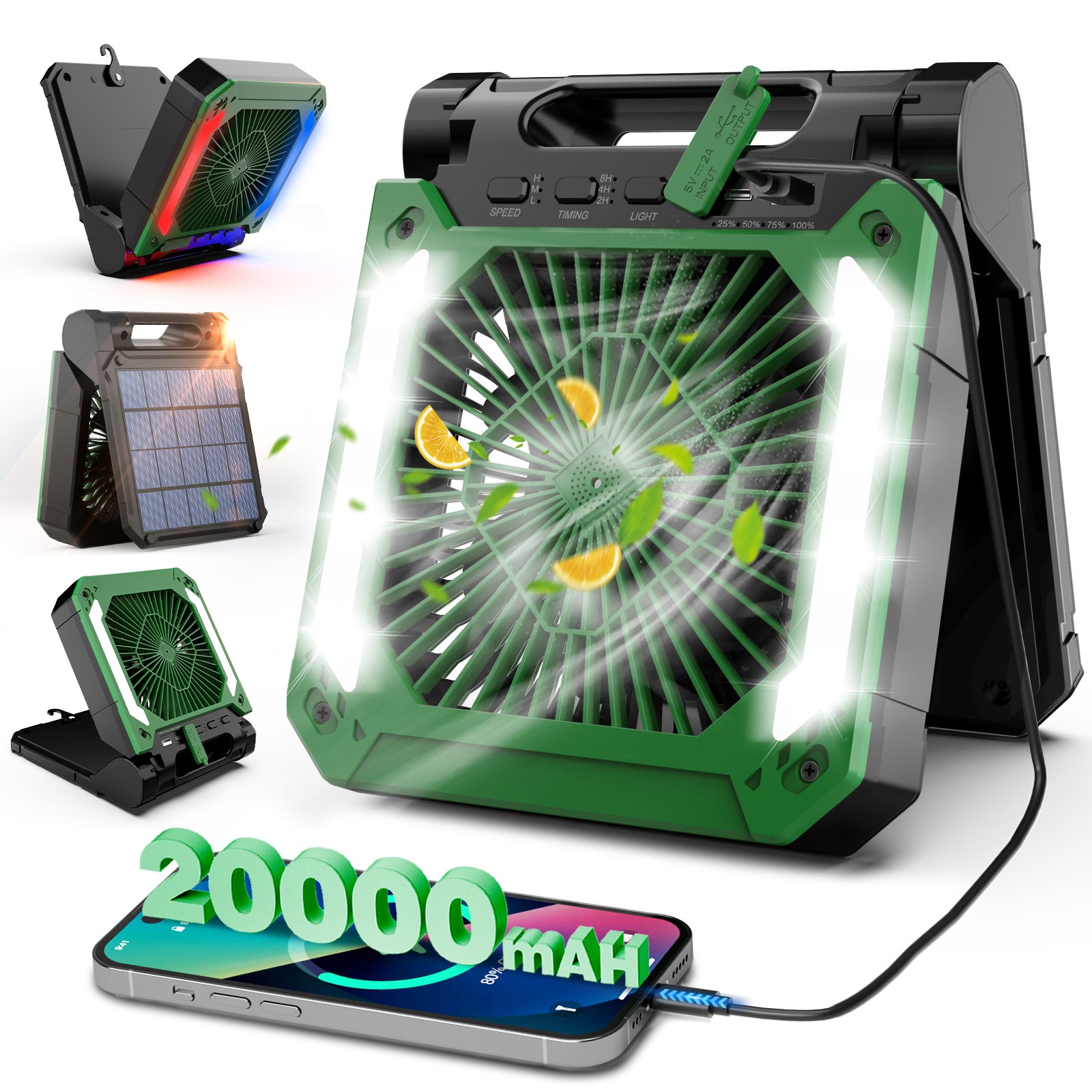 Veubew Camping Fan,20000mAh Rechargeable Personal Fan,Portable Battery Operated Fan with SOS LED Light,3 Speeds 3 Timers Pivot 90°,Camping Essentials for Outdoor Picnics Hiking