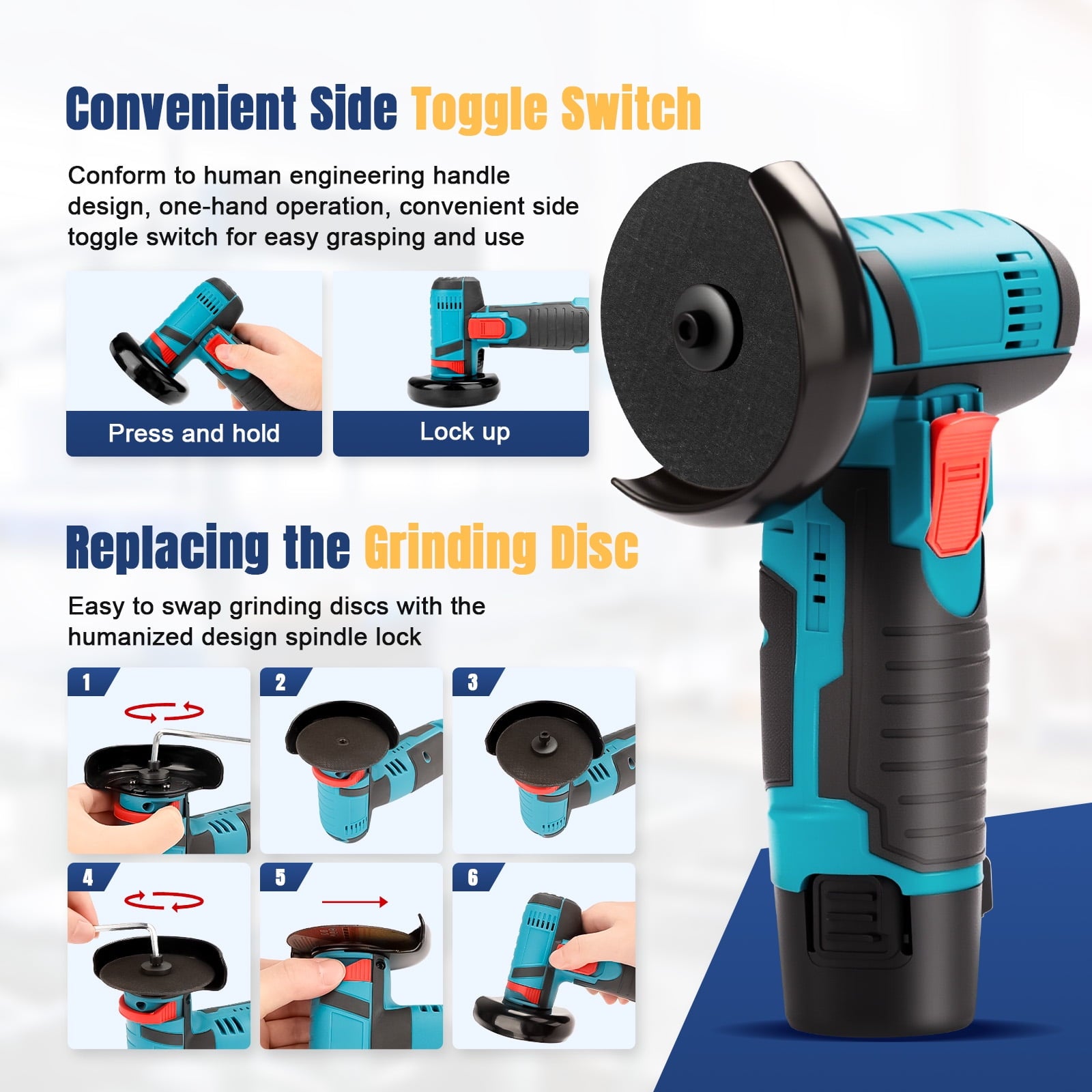 Fovendi 3-inch Angle Grinder Tool, Cordless Angle Grinder with 2 x 1500mAh Battery and Charger for Metal Cutting, Grinding and Polishing