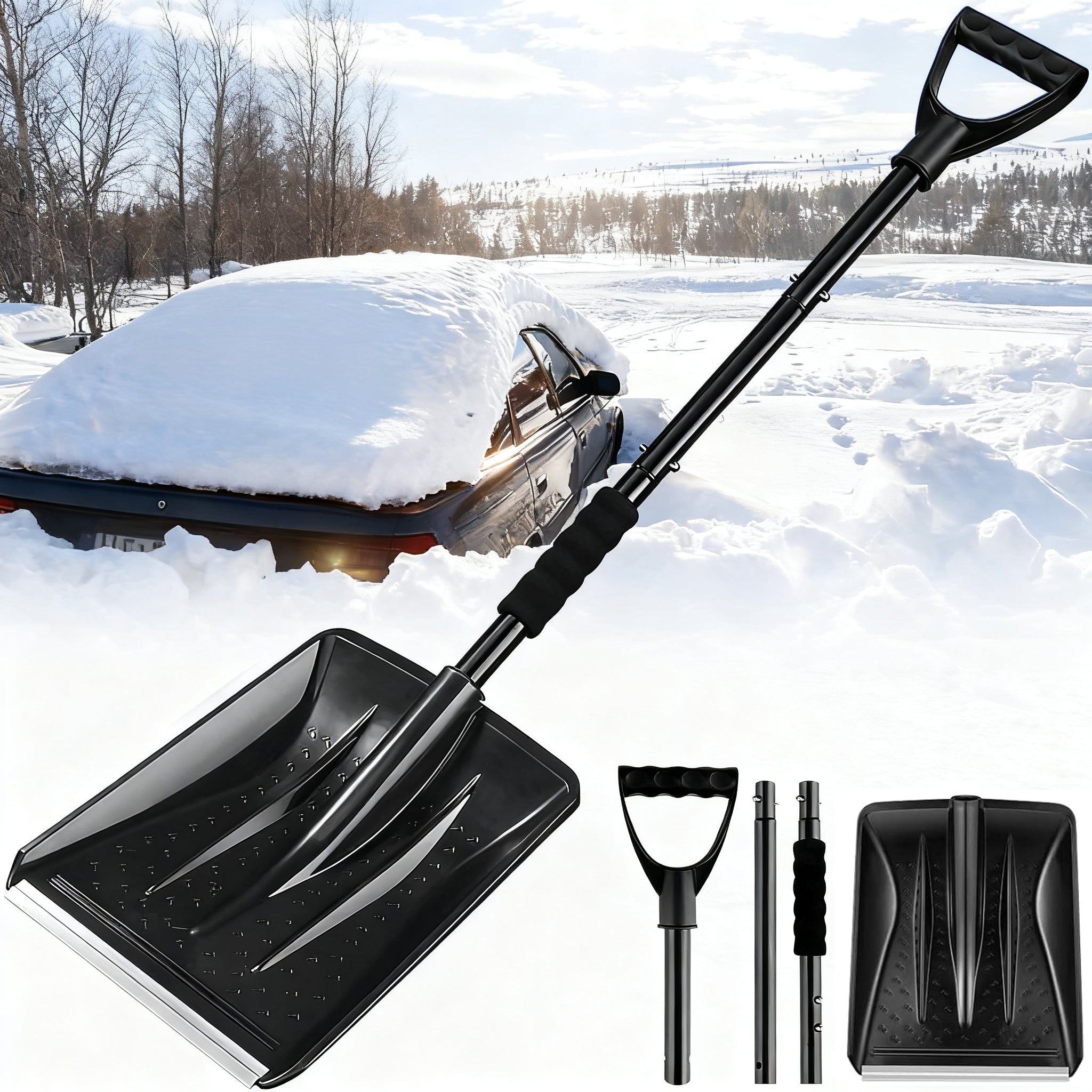 Tanbaby Snow Shovel for Driveway & Home Garage, 45 Inch Folding Snow Removal Shovel with Ergonomic D-Grip Handle, Portable Snows Shovels for Garden, Home Sidewalk, Camping and Emergencys