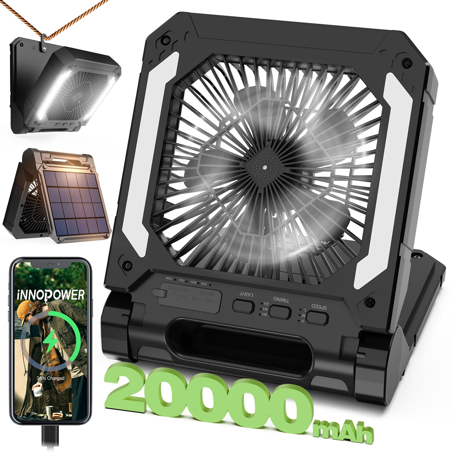 Veubew Camping Fan,20000mAh Rechargeable Personal Fan,Portable Battery Operated Fan with SOS LED Light,3 Speeds 3 Timers Pivot 90°,Camping Essentials for Camping Travel Fishing