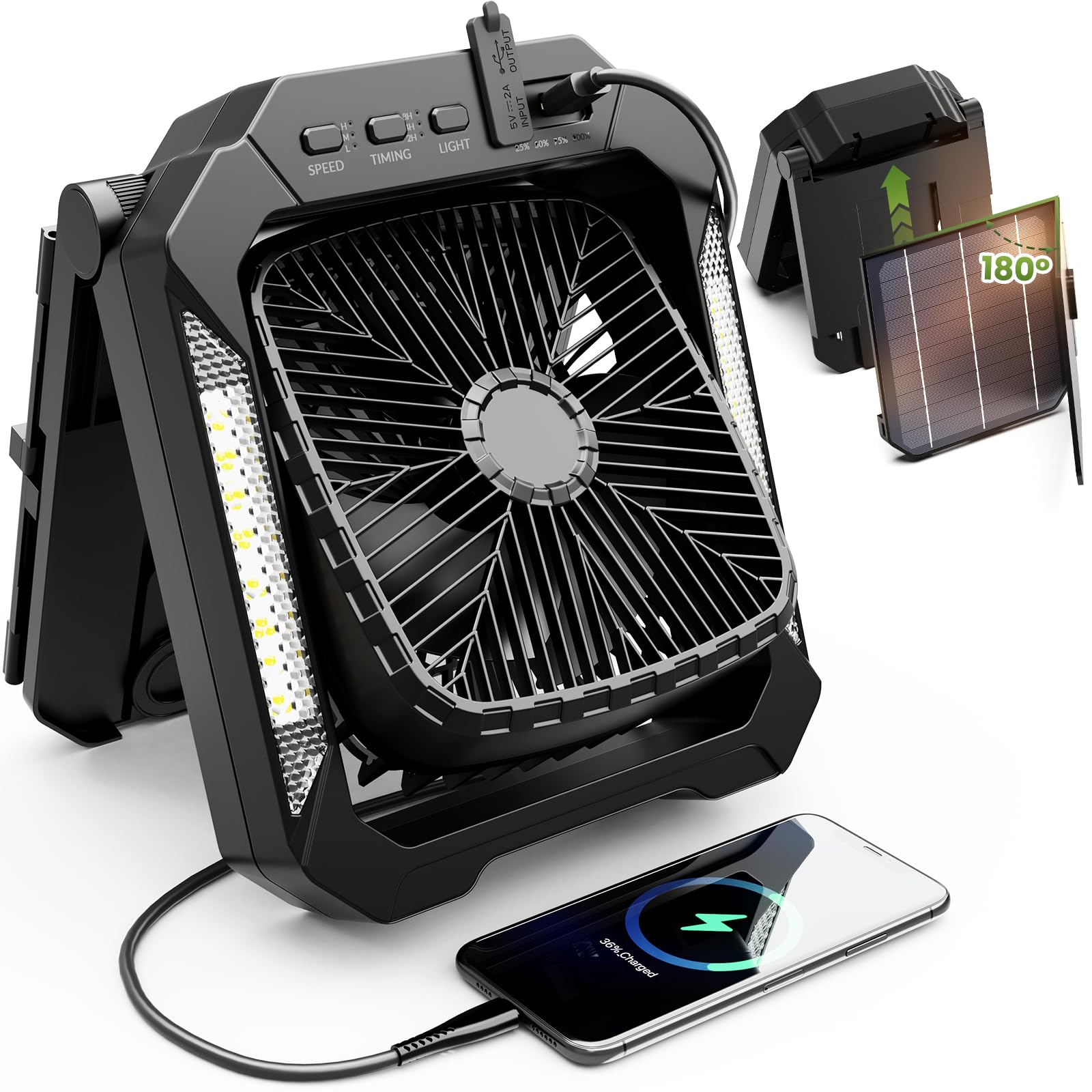26800mAh Rechargeable Solar Fan with LED Lantern, Portable Fan Cordless with 18W Foldable Solar Panel, 3 Speed,Timer,Quiet,USB-C Battery Powered for Camping Hurricane Tent Worksite Office Desk (Black