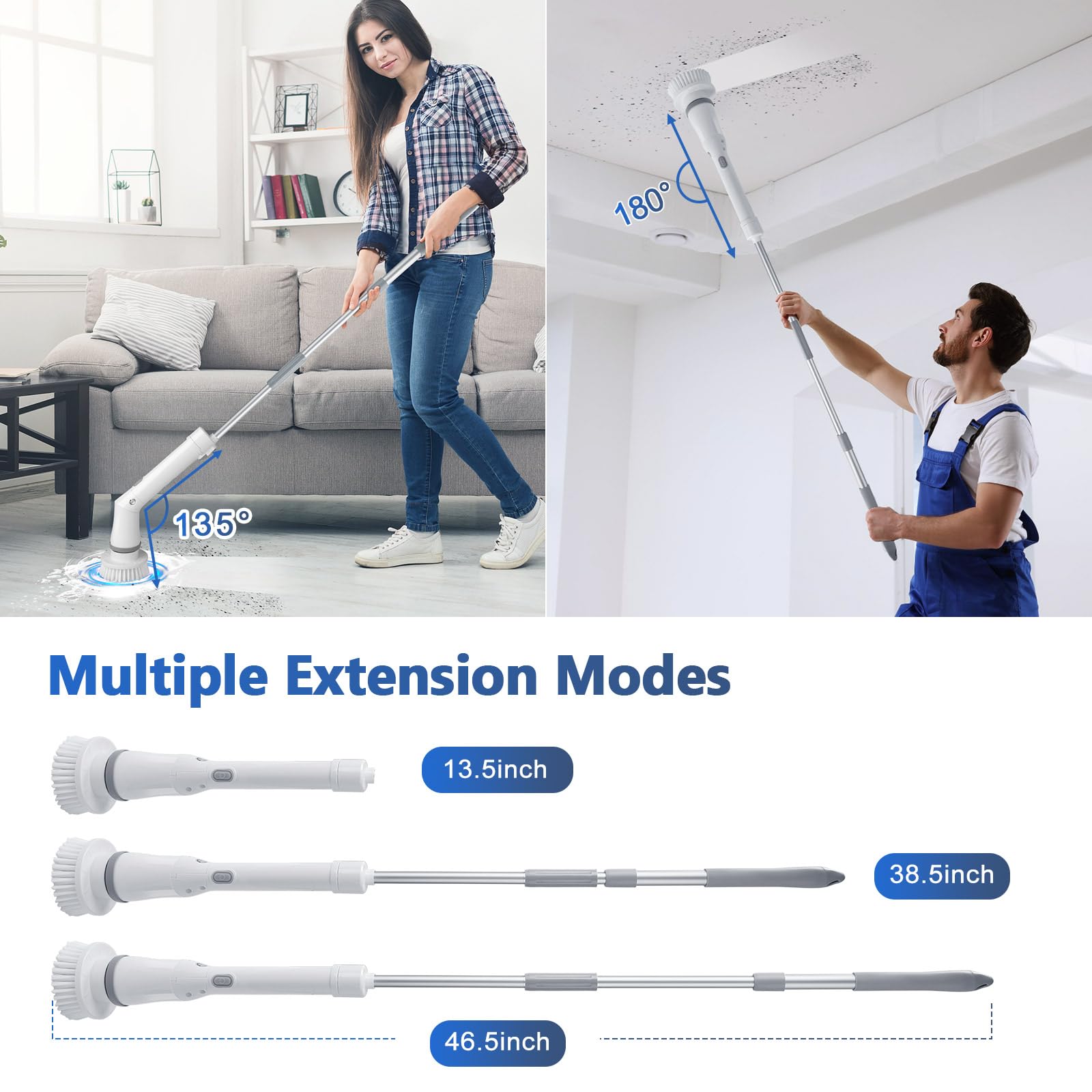Amiluo Electric Spin Scrubber, Cordless Bathroom Cleaning Brush with Adjustable Handle & 6 Replaceable Heads, Power Scrubber for Tub Tile Floor