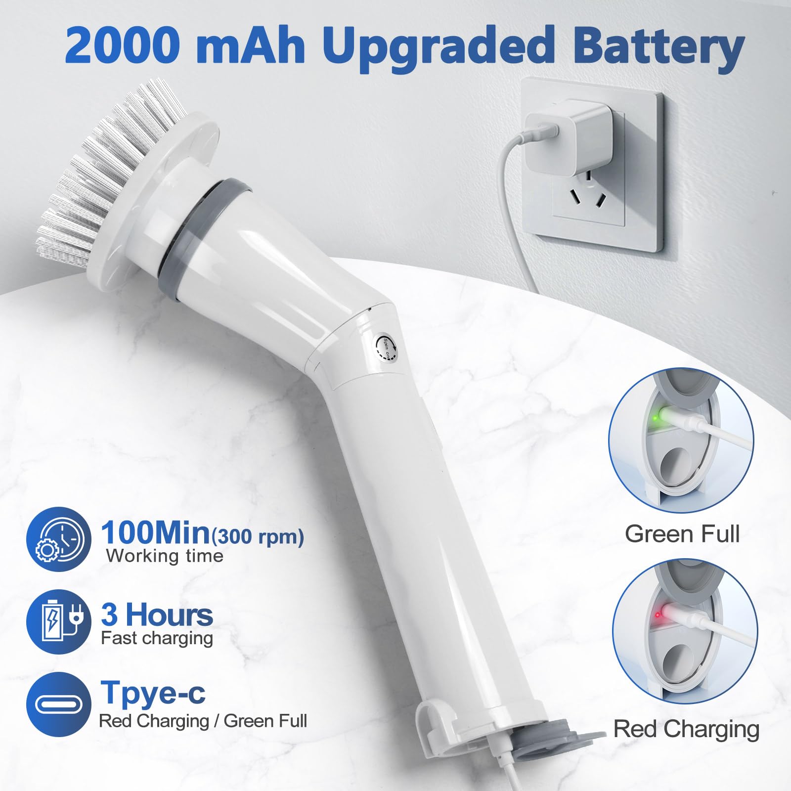 Amiluo Electric Spin Scrubber, Cordless Bathroom Cleaning Brush with Adjustable Handle & 6 Replaceable Heads, Power Scrubber for Tub Tile Floor