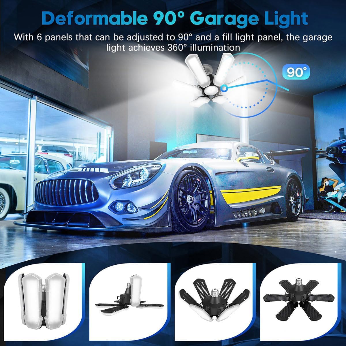 Yannovus LED Garage Light, 150W Deformable Ceiling LED Shop Light, 15000LM E26/E27 Garage Lighting with 6+1 Adjustable Panels Bulb for Basement