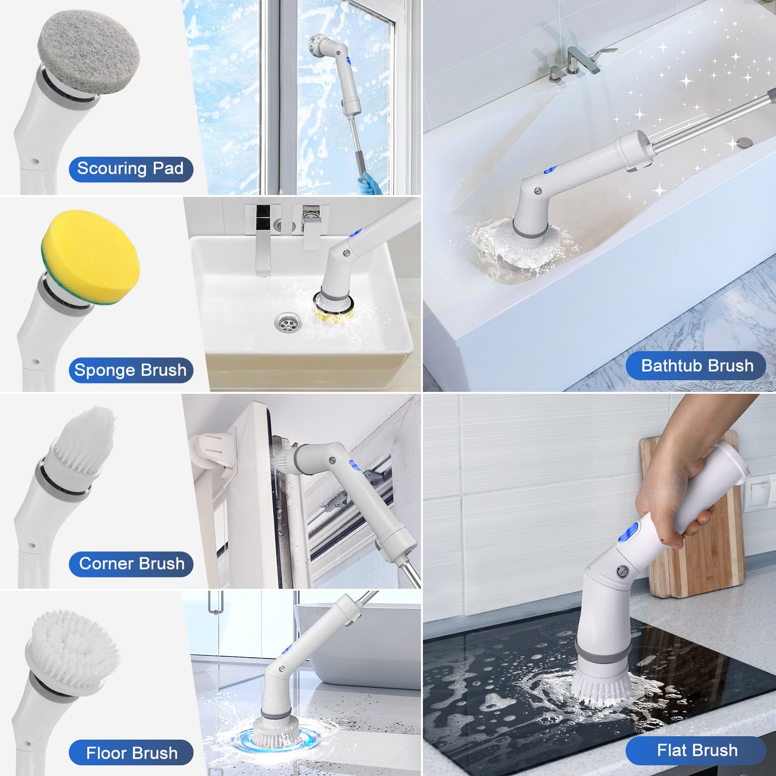 Amiluo Electric Spin Scrubber, Cordless Bathroom Cleaning Brush with Adjustable Handle & 6 Replaceable Heads, Power Scrubber for Tub Tile Floor