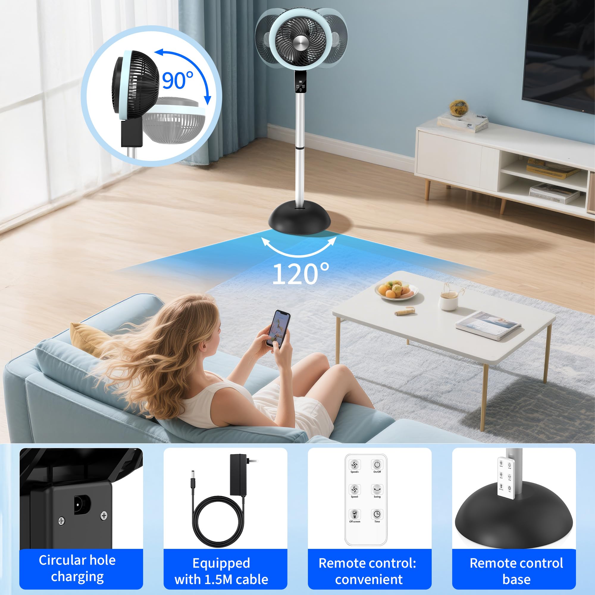 Veubew Pedestal Fan for Home, 120°+90° Omni-Directional Oscillating Standing Fan with 8 Speed and Timer, Quiet Floor Fan with 25-37" Adjustable Height