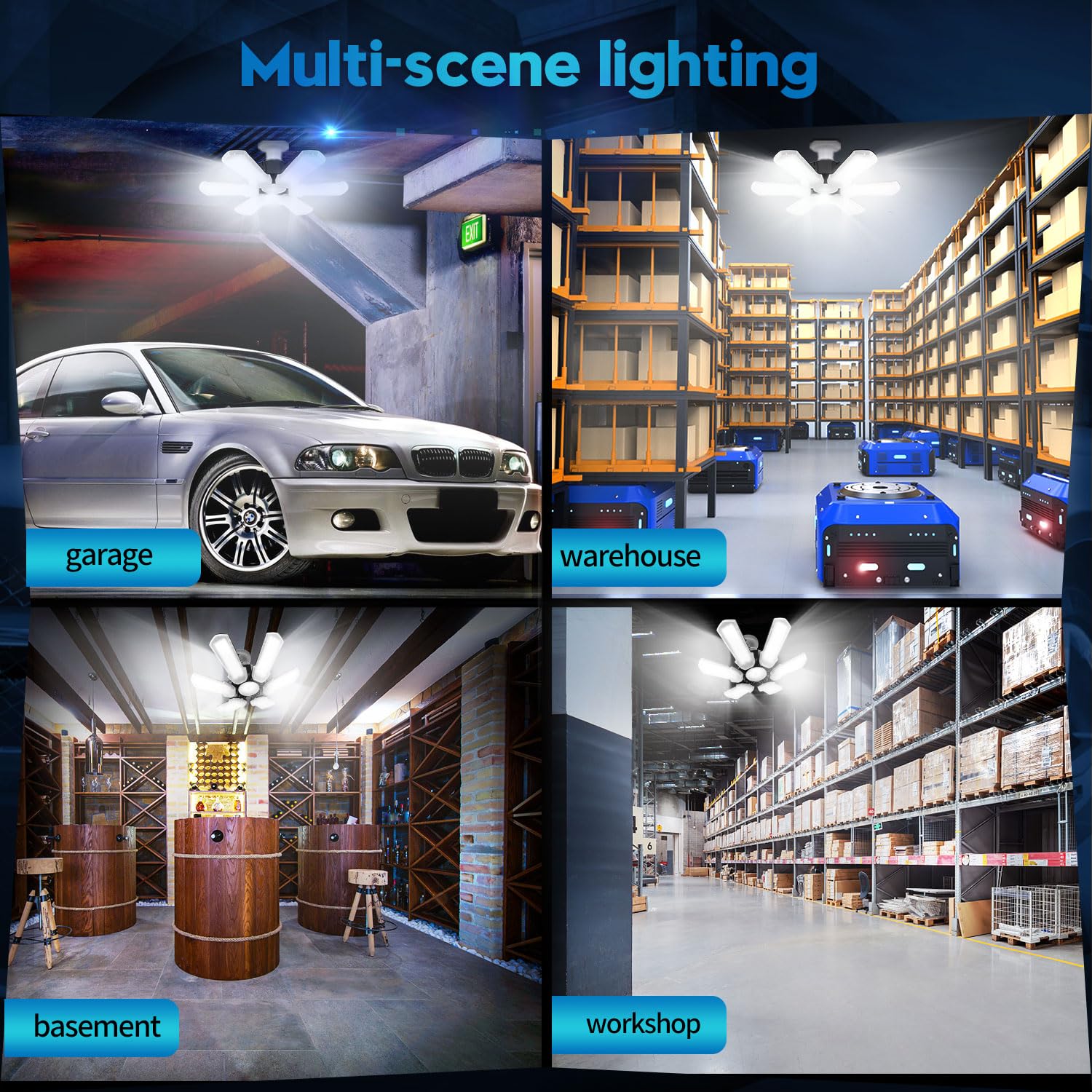 Yannovus LED Garage Light, 150W Deformable Ceiling LED Shop Light, 15000LM E26/E27 Garage Lighting with 6+1 Adjustable Panels Bulb for Basement