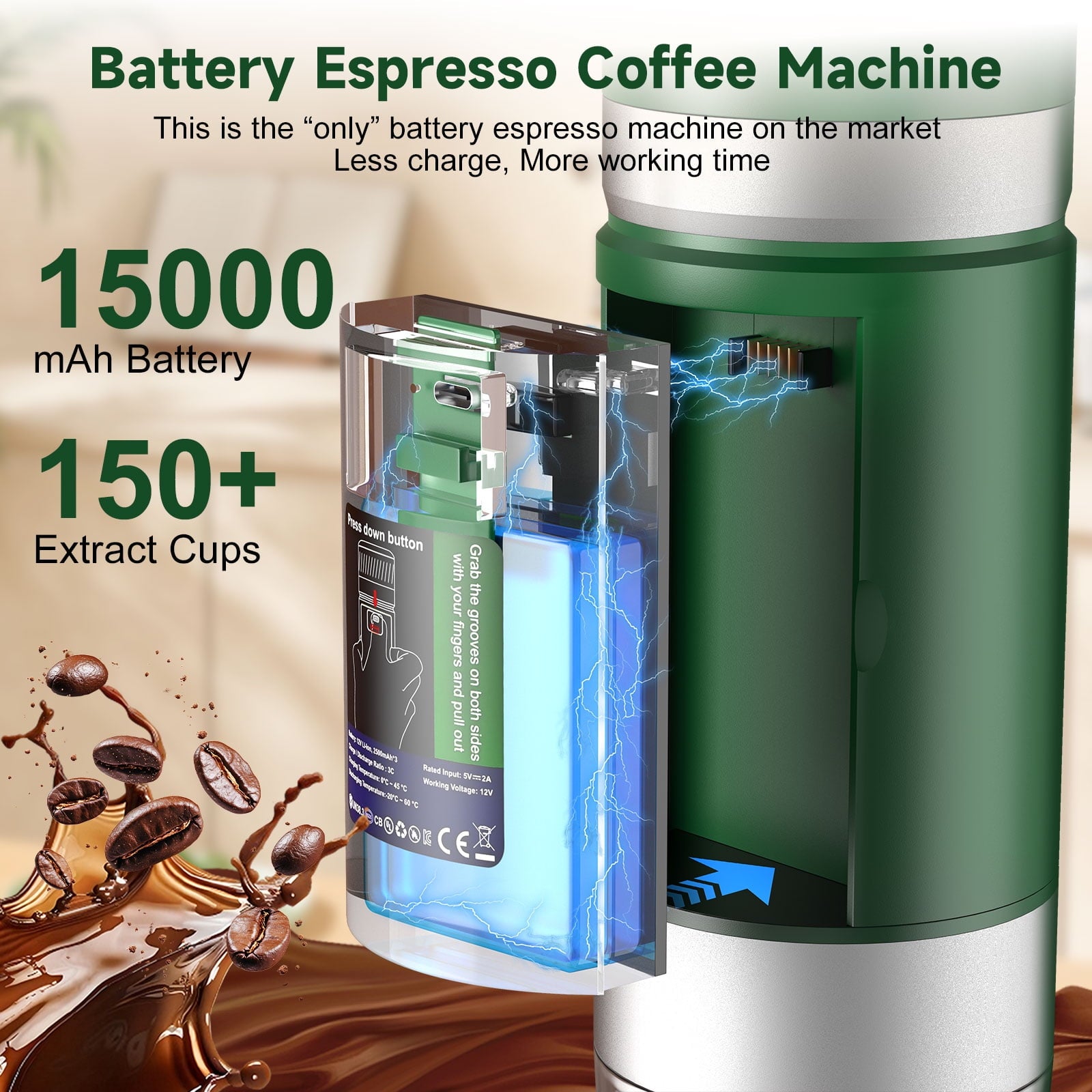 Portable Coffee Machine with 2 Removable Batteries 15,000mAh, USB-C Espresso Machine, Camping Coffee Makers, Electric Coffee Maker for Camping & Travel, 80ml Hot/Cold Coffee