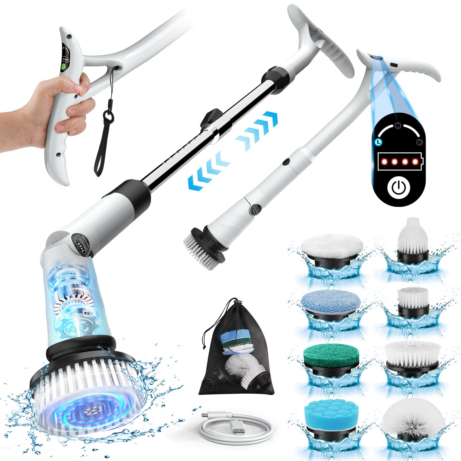Amiluo Electric Spin Scrubber, 600 RPM Cordless Bathroom Cleaning Brush with Adjustable Handle & 8 Replaceable Heads, Power Scrubber for Tub, Tile and Floor
