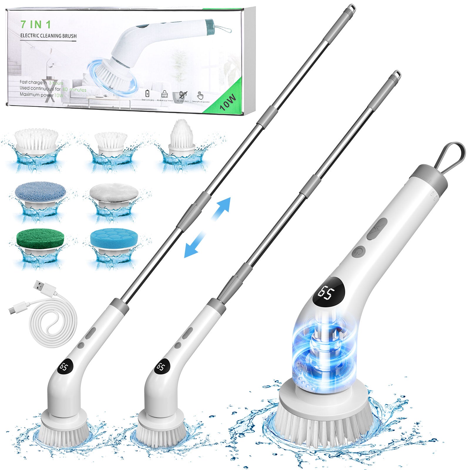 Amiluo Electric Spin Scrubber, Cordless Bathroom Cleaning Brush, Power Scrubber with Extension Handle & 7 Replaceable Heads for Shower Tub Tile Floor