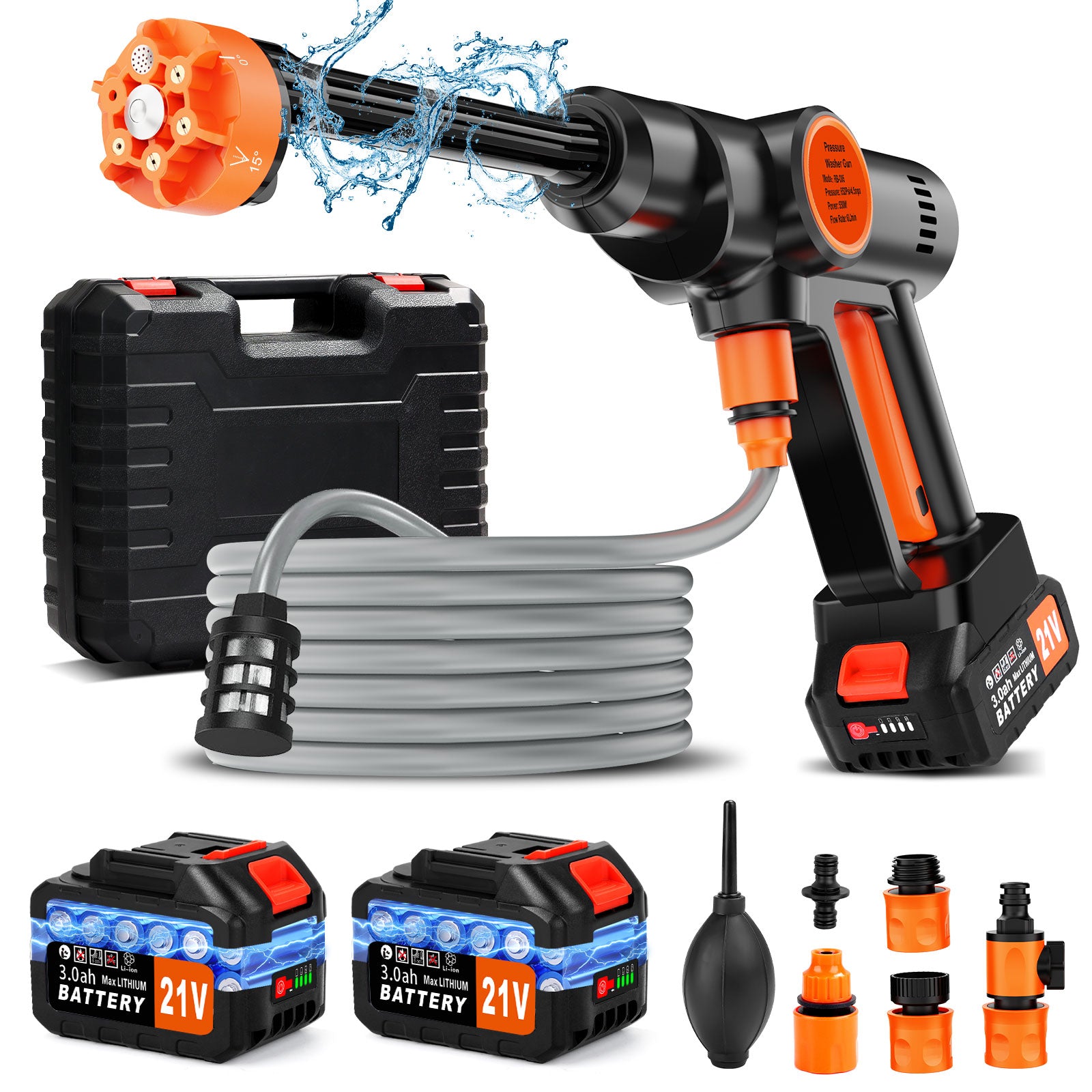 Tanbaby Cordless Pressure Washer, 550W 970PSI 1.5GPM Portable Power Washer with 6-in-1 Adjustable Nozzle, 2×3.0Ah Battery Power Cleaner with 16.4ft Hose for Cars/Patios