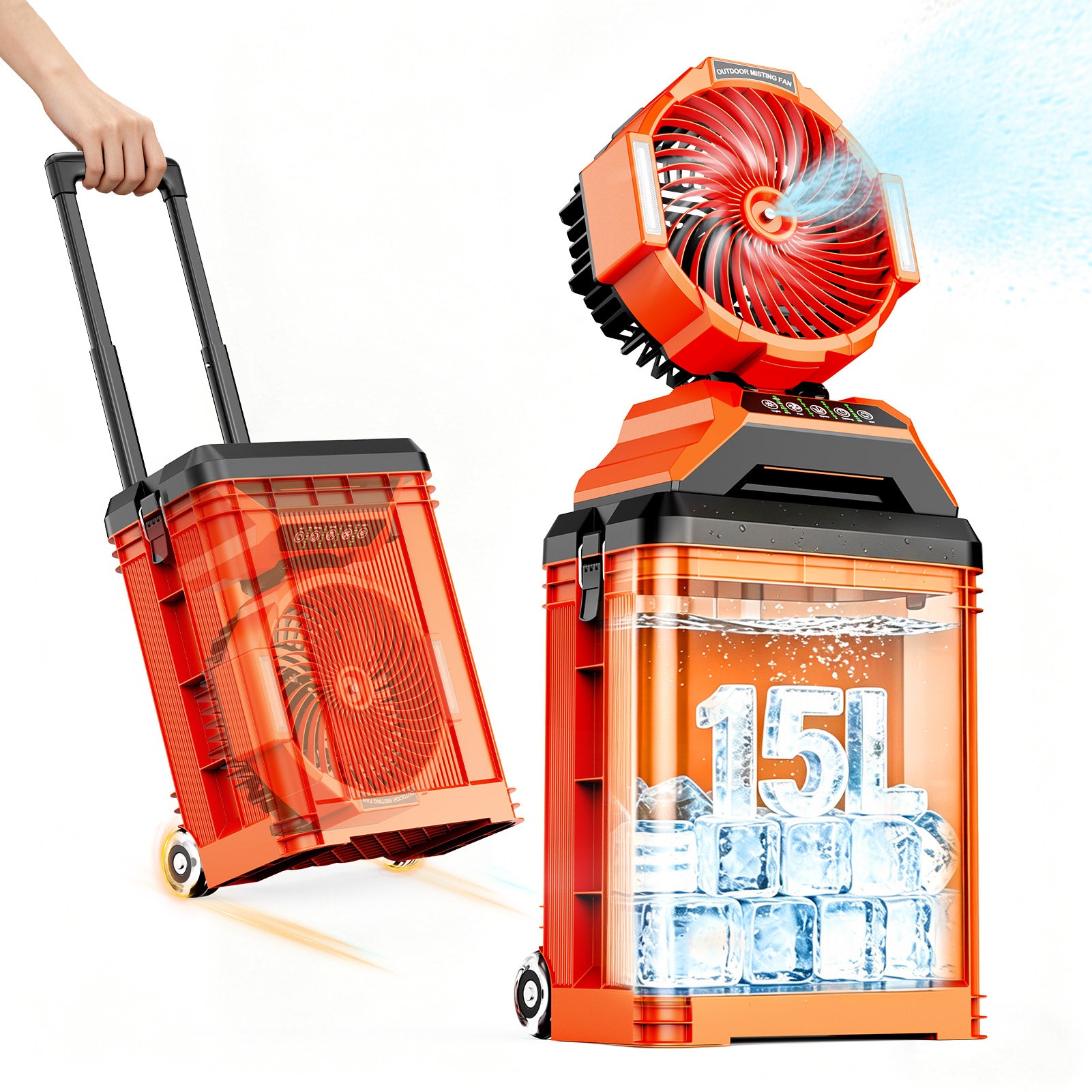 Fimilo Portable Misting Fan with 15L Bucket, 30000mAh Outdoor Fans with Night Light, 9.5-inch Camping Fan with Remote Control, 4 Wind Speed & 4 Spray Mister, for Patio,Fishing,Yard,Beach,Golf