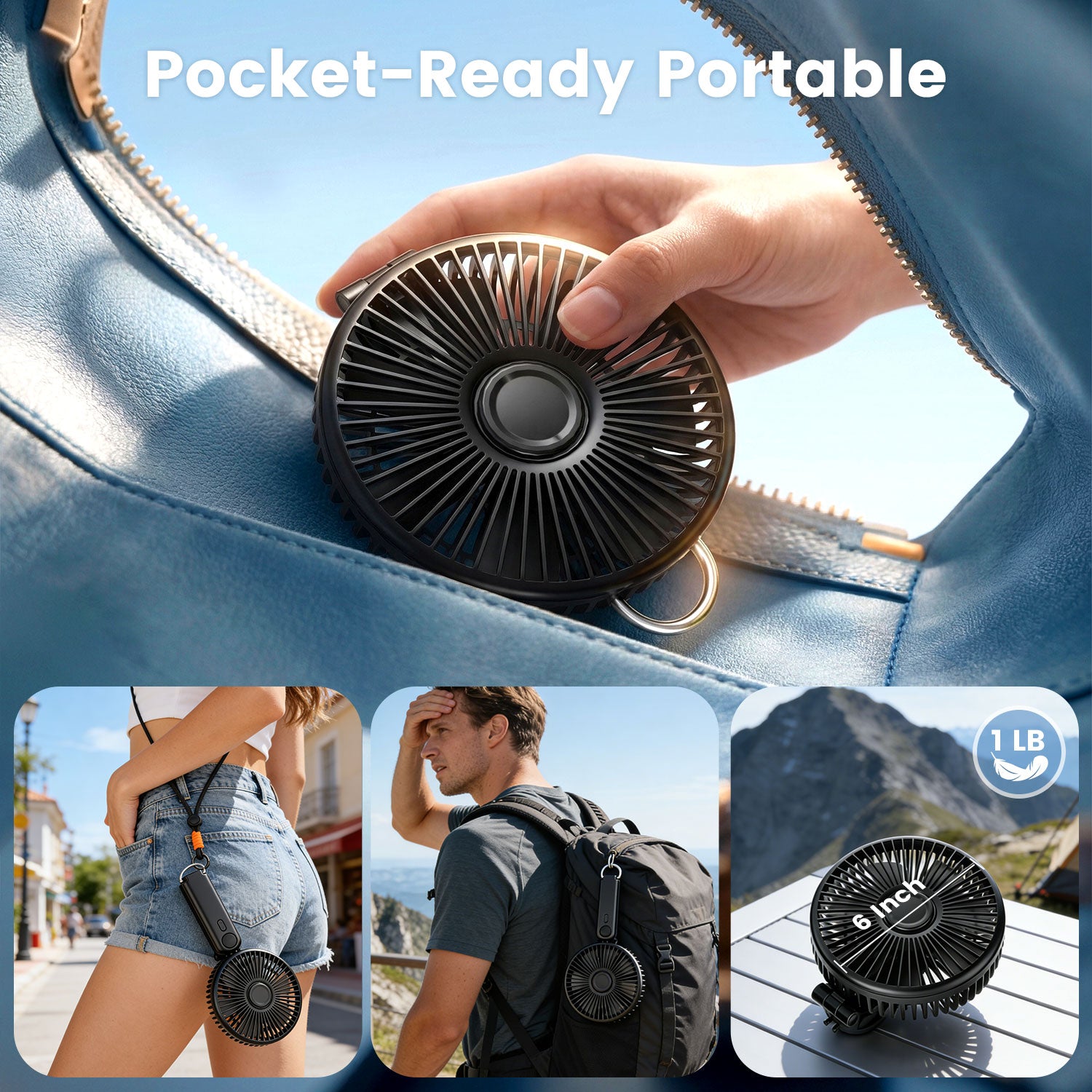 Lemolifys 6 inch Handheld Fan, 5 Speed Personal Fan with 4000 mAh Battery, Strong Airflow, 5-24H Working Time for Travel Outdoor Office Household, Gift for Women, Men - Black