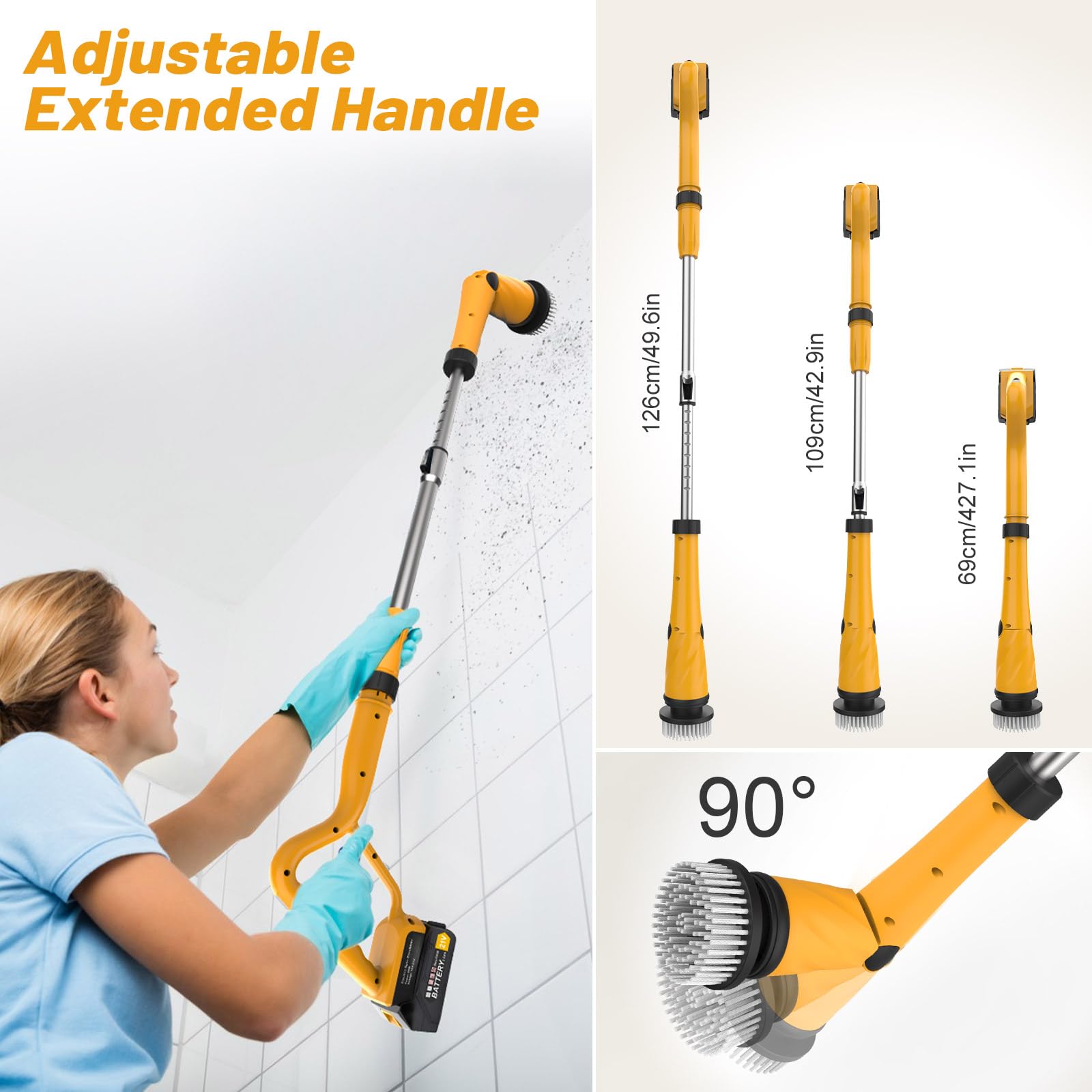 Amiluo Electric Spin Scrubber, 1500 RPM Ultra-High Speed, Cordless Bathroom Cleaning Brush with Extension Handle, 8 Replaceable Heads & Large Battery, Power Scrubber for Shower, Tub, Floor, A4/Yellow