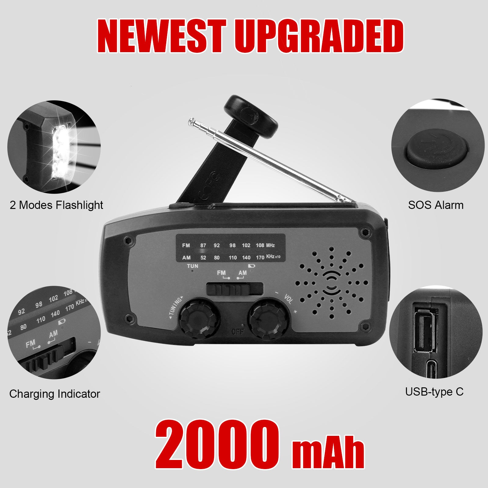 Fovendi Emergency Hand Crank Radio with LED Flashlight, AM/FM NOAA Portable Weather Radio with 2000mAh Power Bank Phone Charger, USB Charged & Solar Power for Camping