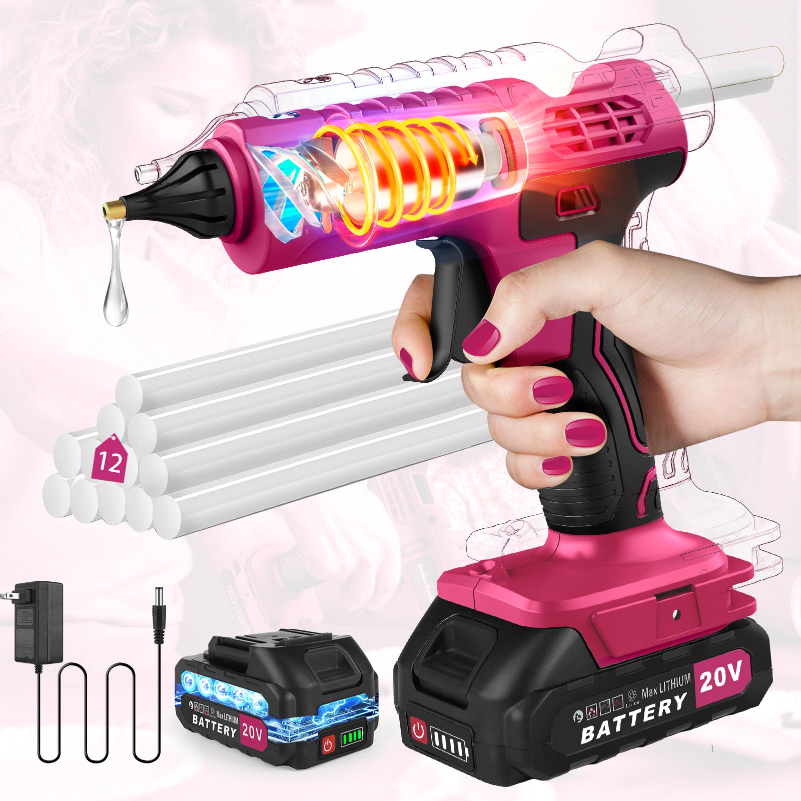 Fovendi Cordless Hot Glue Gun with 2.0Ah Battery & Charger and 12 Pcs Full Size Glue Sticks, 100W Power Melt Glue Gun for DIY, Festival Decor and Gifts