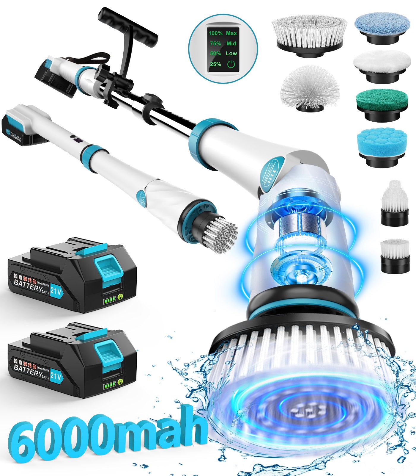 Amiluo Electric Spin Scrubber, 6000 mAh Ultra-Large Battery, 1200 RPM Power Cordless Cleaning Brush with Extension Handle, 8 Replaceable Heads & Display, Shower Brush for Tub/Floor/Bathroom, A5/Blue