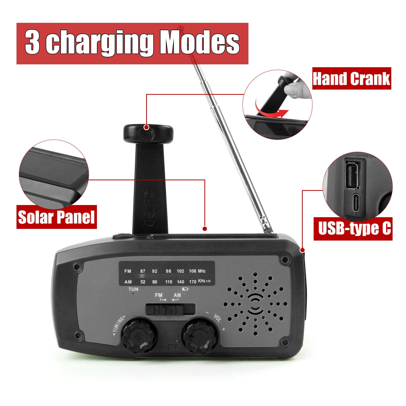Fovendi Emergency Hand Crank Radio with LED Flashlight, AM/FM NOAA Portable Weather Radio with 2000mAh Power Bank Phone Charger, USB Charged & Solar Power for Camping