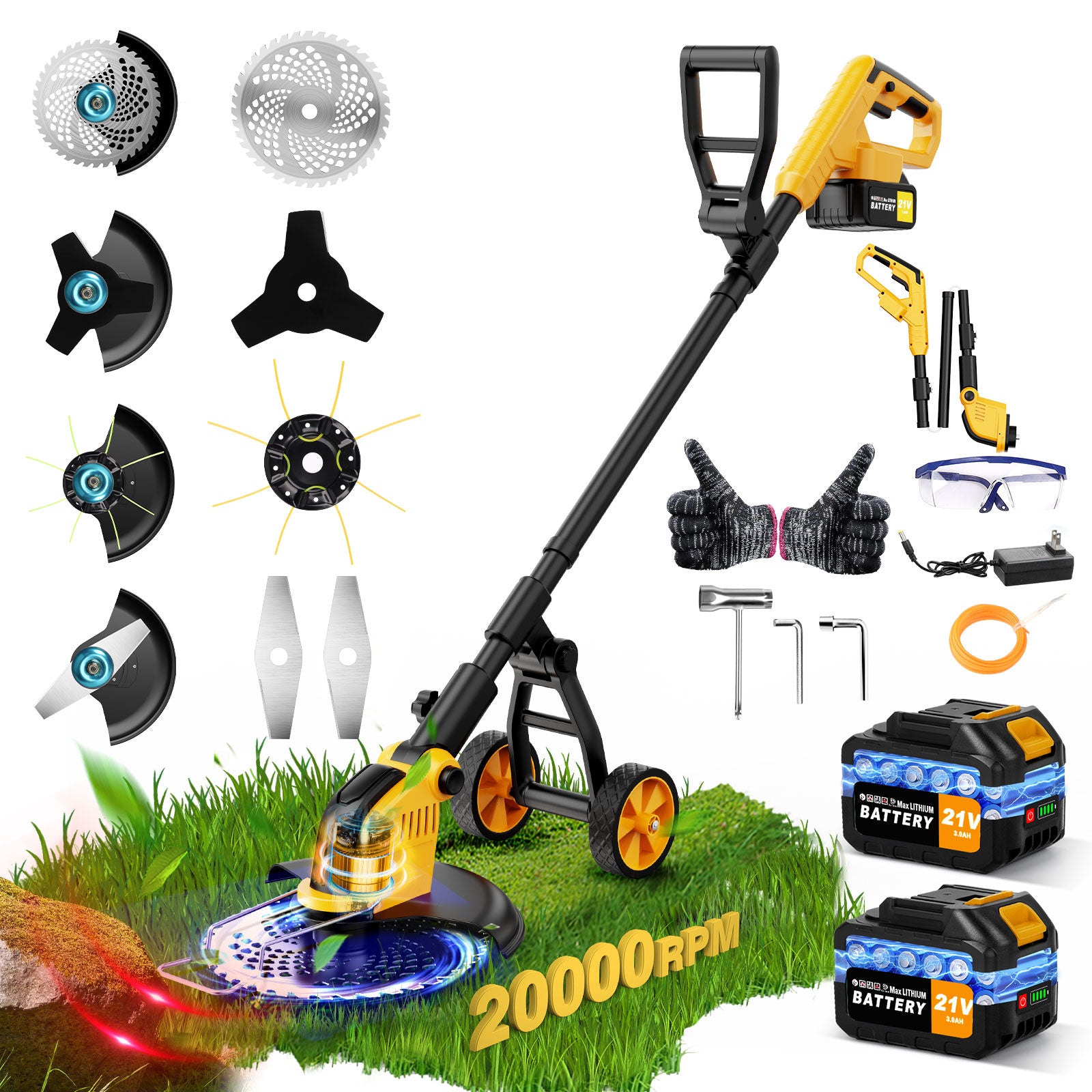 Lemolifys 12-inch Brushless Weed Eaters with Wheels & 5 Blades, 21V Battery String Trimmer for Lawn Yard Garden