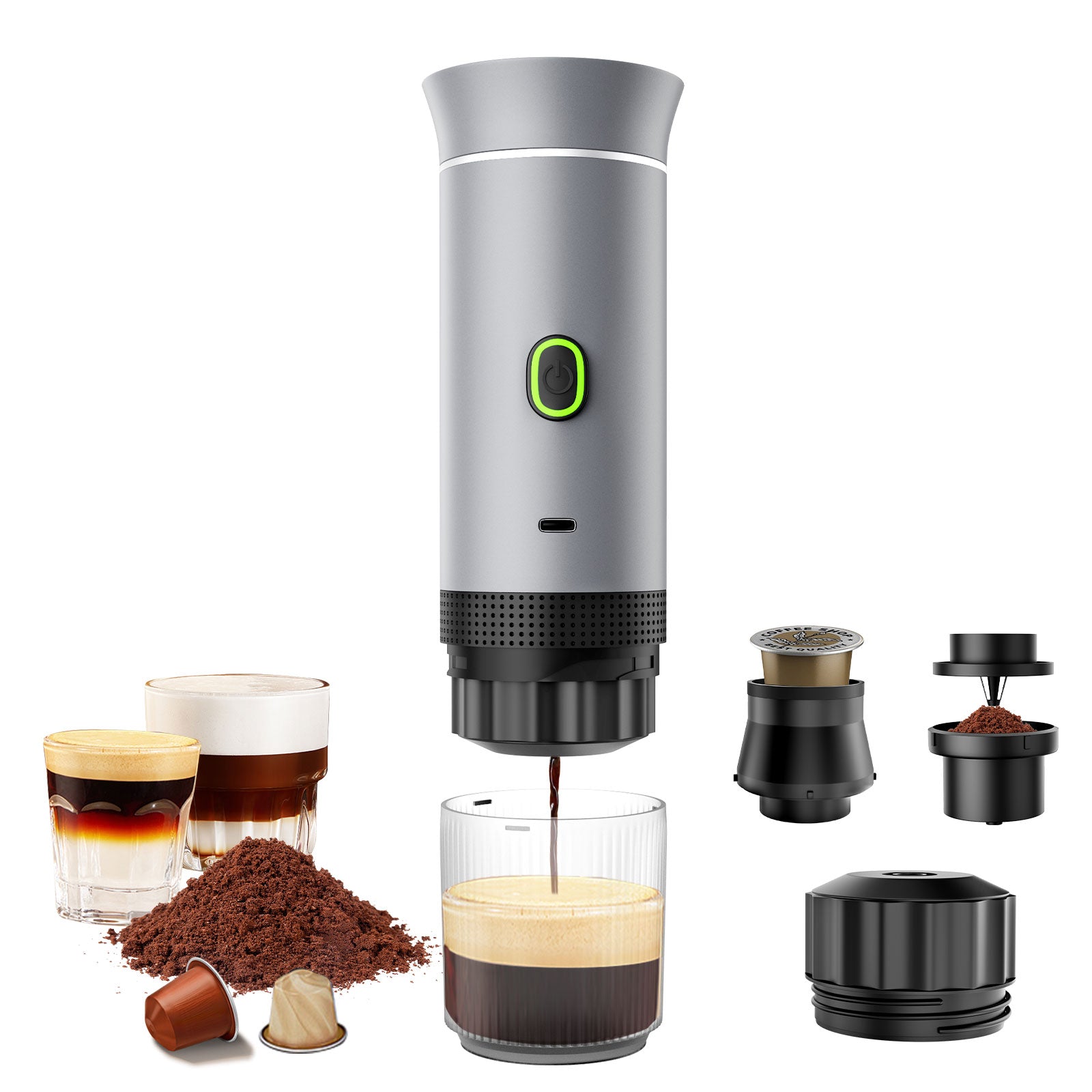 Veubew 3-in-1 Portable Espresso Maker, 20 Bar Mini Coffee Maker for Travel, Self-Heating Car Coffee Maker Compatible Ground Coffee & Capsules (NS＆DG) for RV, Hiking, Office (Silver)