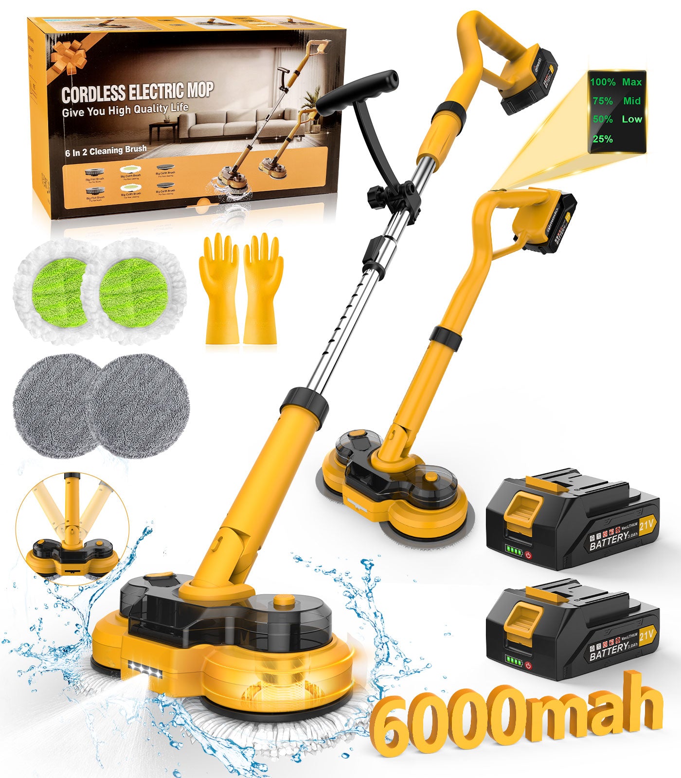 Amiluo Cordless Electric Mop, with LED Headlight & Water Sprayer, Dual-Motor Powerful Spin Mop with 300ML Water Tank, Self-Propelled, Effortless Clean & Waxing