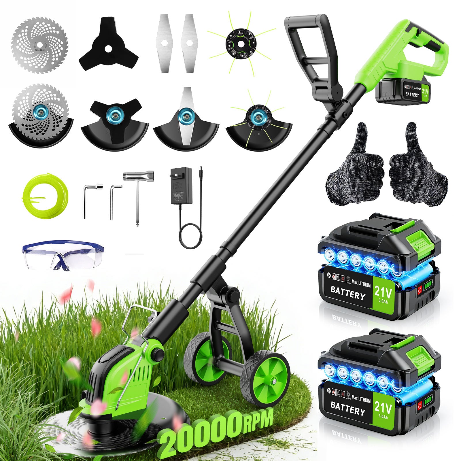 Fovendi 12-inch Cordless Weed Eater, Battery Powered Weed Wacker Grass Trimmer with two 3.0Ah Battery and 4 Types Cutting Blades for Trimming and Edging