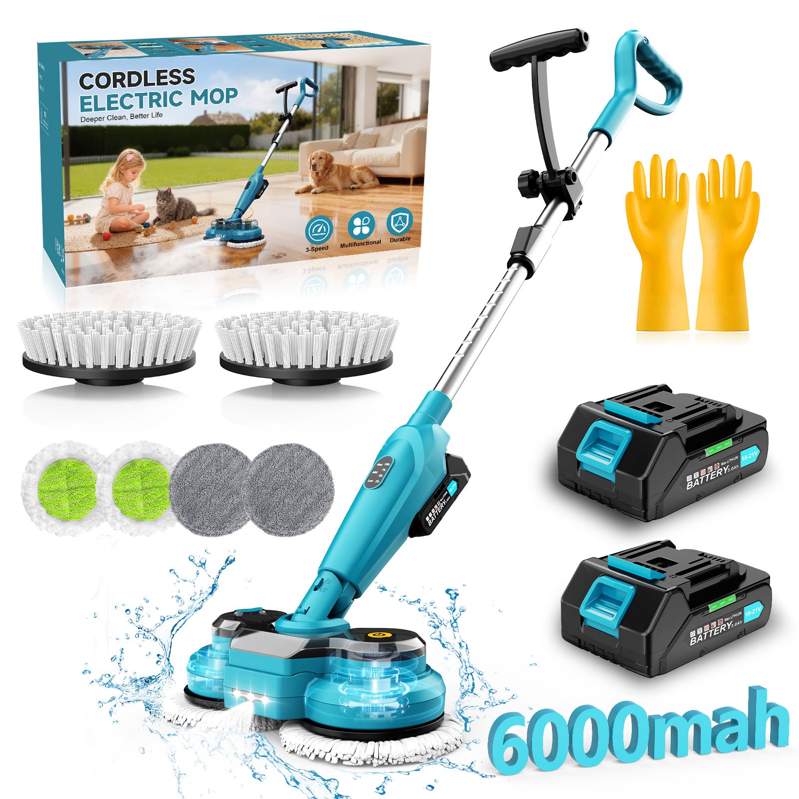 Amiluo Cordless Electric Mop, 800 RPM Dual-Motor Power Spin Mop for Floor Cleaning with 6,000 mAh Large Battery, Water Spray, LED Headlights & Smart Display, Self-Propelled for Multi-Surface, M2