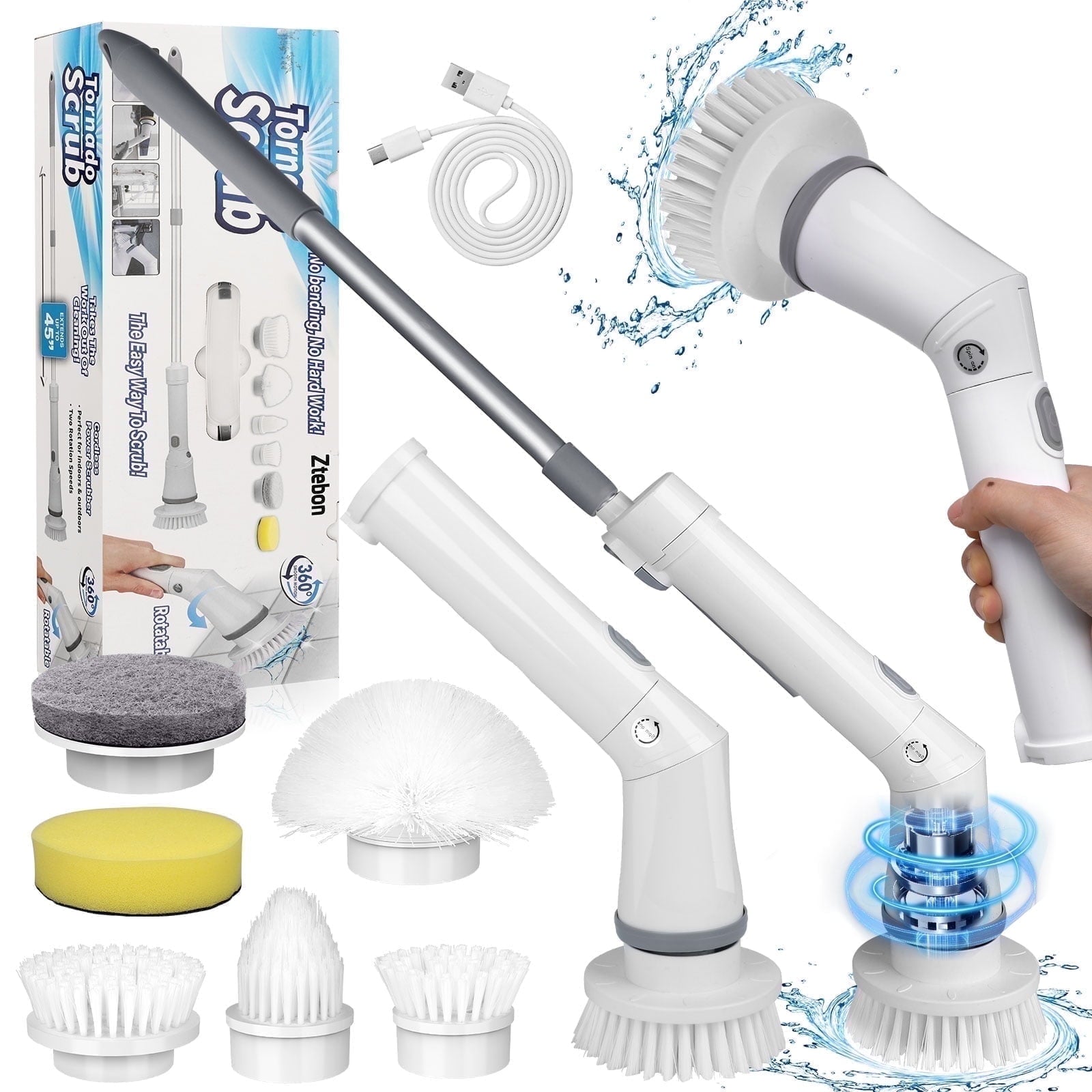 Amiluo Electric Spin Scrubber, Cordless Bathroom Cleaning Brush with Adjustable Handle & 6 Replaceable Heads, Power Scrubber for Tub Tile Floor