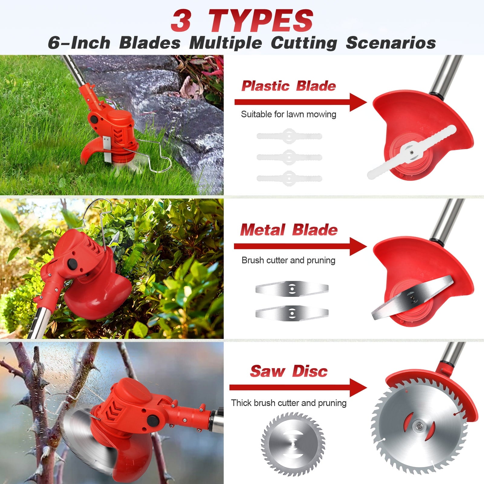 Grass Trimmer Blades for 6-Inch Weed Eaters(Included 5 * Plastic Blades, 2 * Stainless Steel Blades,1 * Anti-tangle Blade, 1 * 6 inch Alloy Saw Blade, 1 * L-shaped Sleeve)
