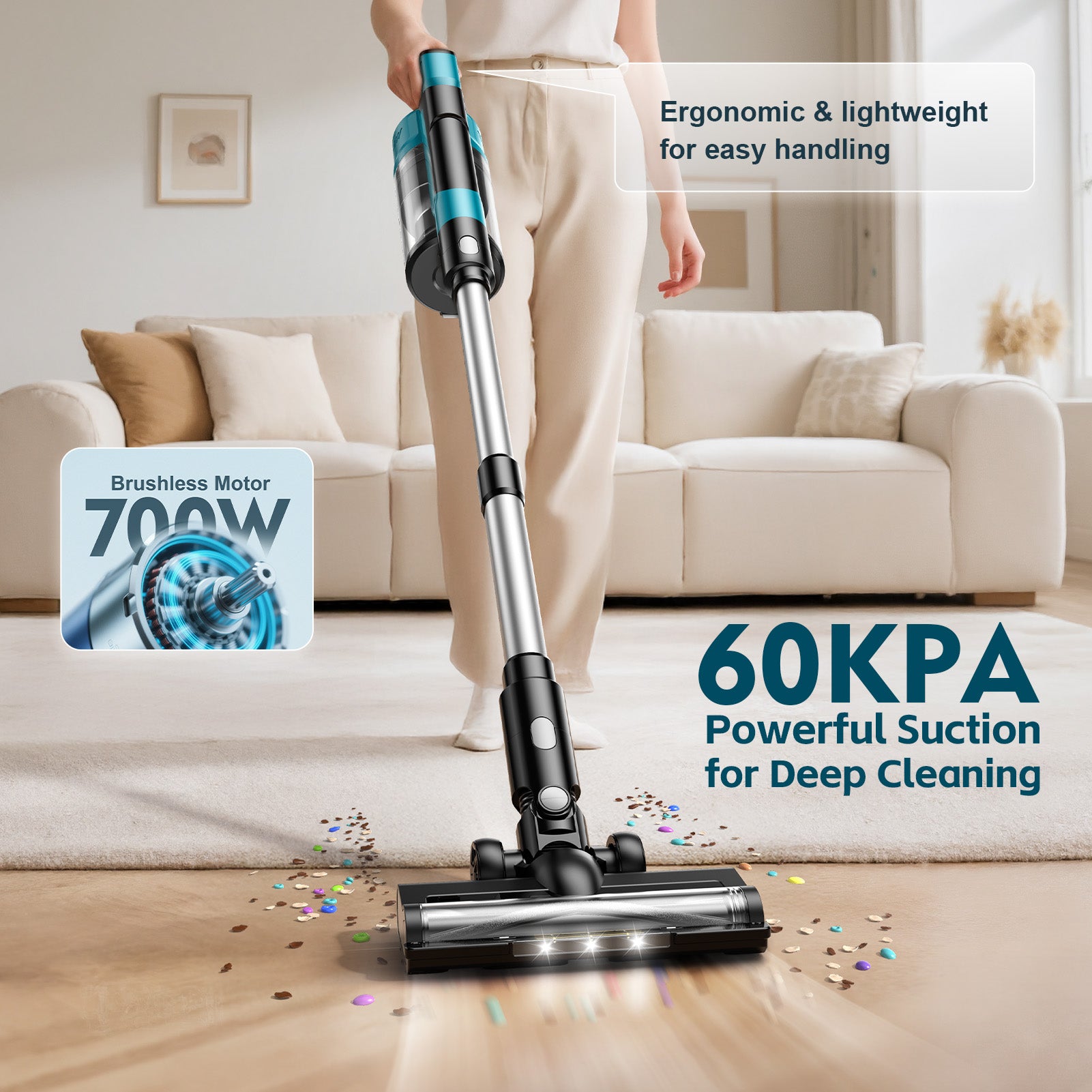 Amiluo Cordless Vacuum Cleaner, 600W/60KPA 70mins Brushless Vacuum Cleaners for Home, 8000mAh Battery Stick Vacuum with Hepa Filter, 6 in 1 Handheld Vacuum for Pet Hair/Carpet/Hardwood Floor/Dorm