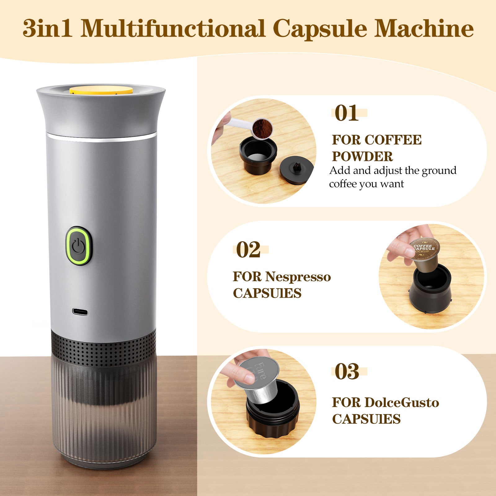Veubew 3-in-1 Portable Espresso Maker, 20 Bar Mini Coffee Maker for Travel, Self-Heating Car Coffee Maker Compatible Ground Coffee & Capsules (NS＆DG) for RV, Hiking, Office (Silver)