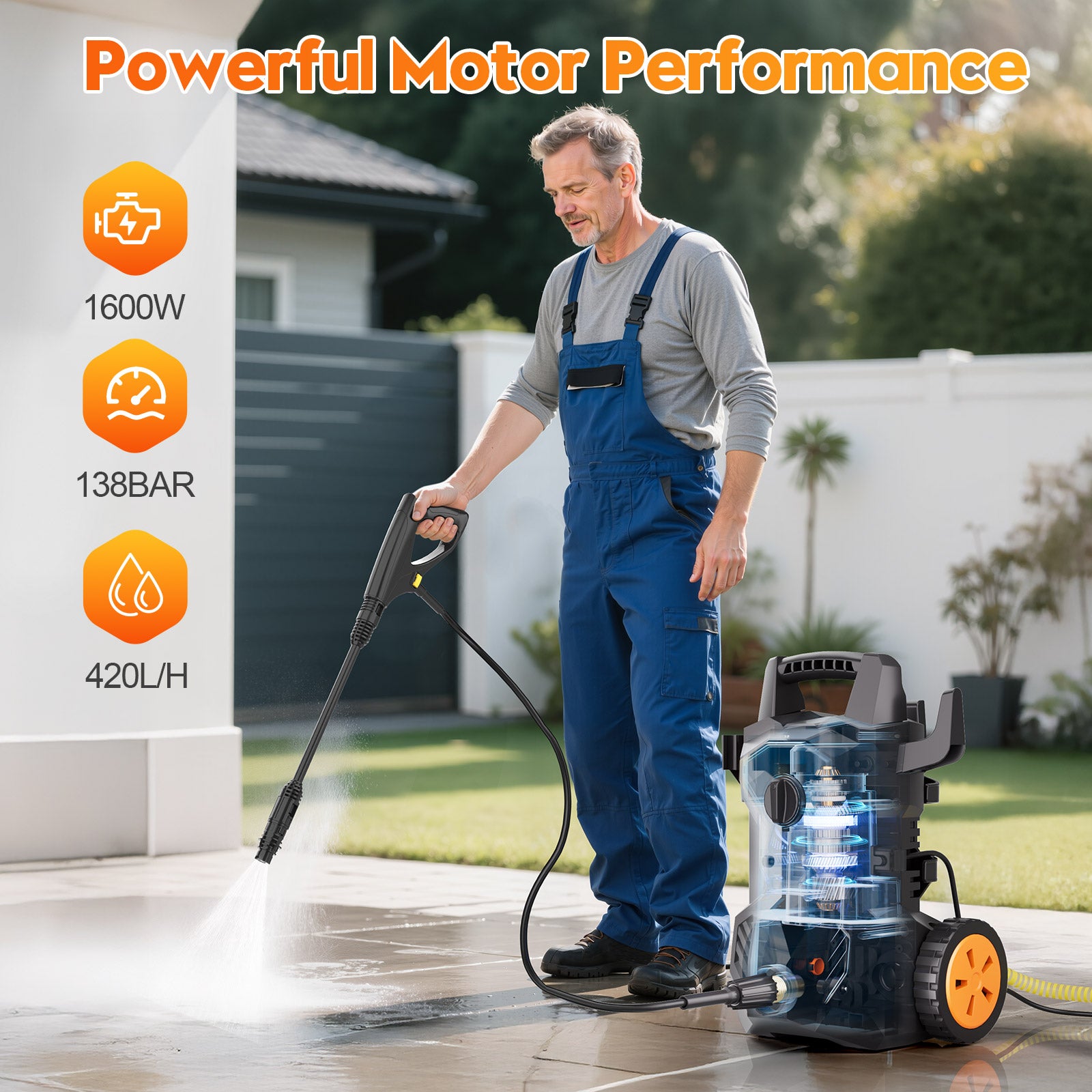 Tanbaby Electric Pressure Washer, 1600W 2000PSI Max 1.8 GPM Power Washer with 6FT Power Cord 32FT Hose 4 Nozzles Soap Cannon for Car Garden Yard Pool