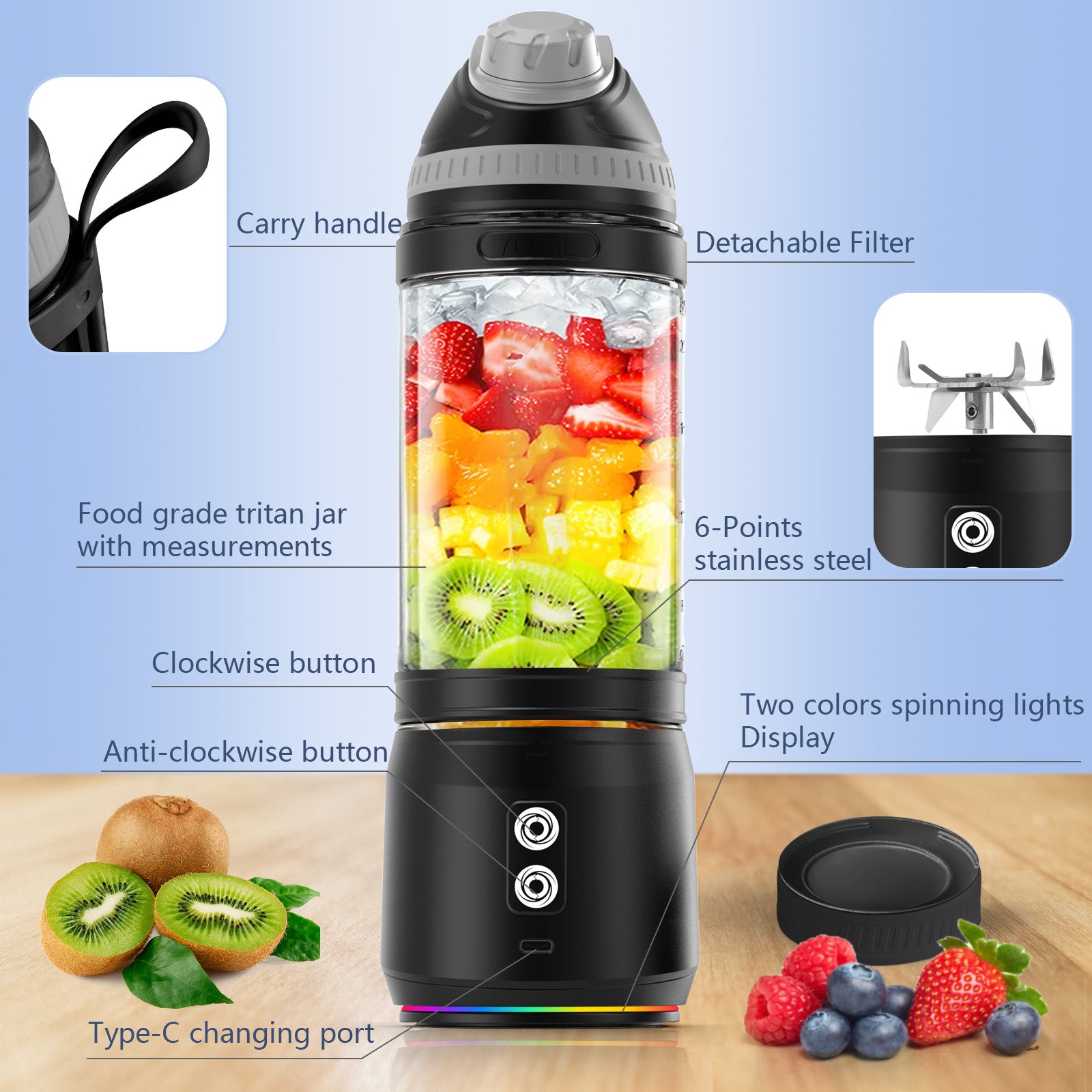 Portable Blender,Veubew Personal Blender 240 Watt for Shakes and Smoothies with 6 Metal Blades, 24 oz Mini Blender Cup with Travel Lid and USB Rechargeable for Office, Gym, Kitchen (Black)