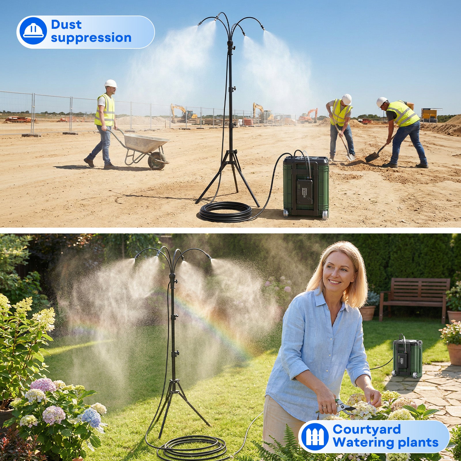 Tanbaby Standing Misters Set with 15L Bucket, 10000mAh Portable Misting Cooling System for Outside Patio, 3.9FT Adjustable Height for Outdoor BBQ, Beach, Pool, Sprinkler, Camping