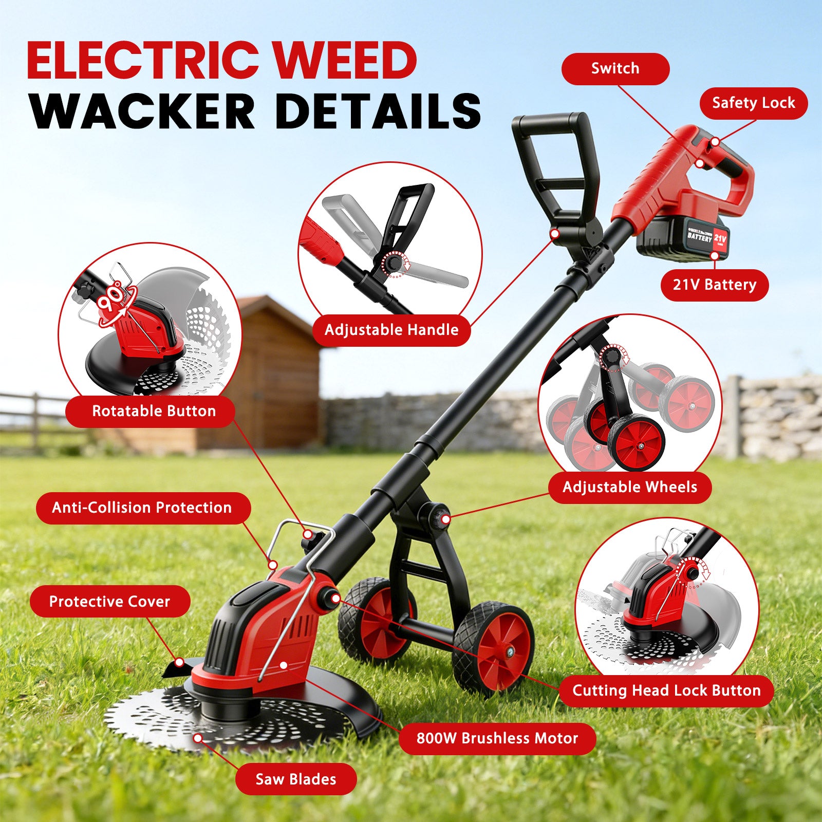 Tanbaby 12-inch Weed Eater Cordless, Battery Powered Weed Wacker with Wheels, Weed Trimmer with two 3.0Ah Batteries & 4 Types Cutting Blades for Lawn Garden Trimming