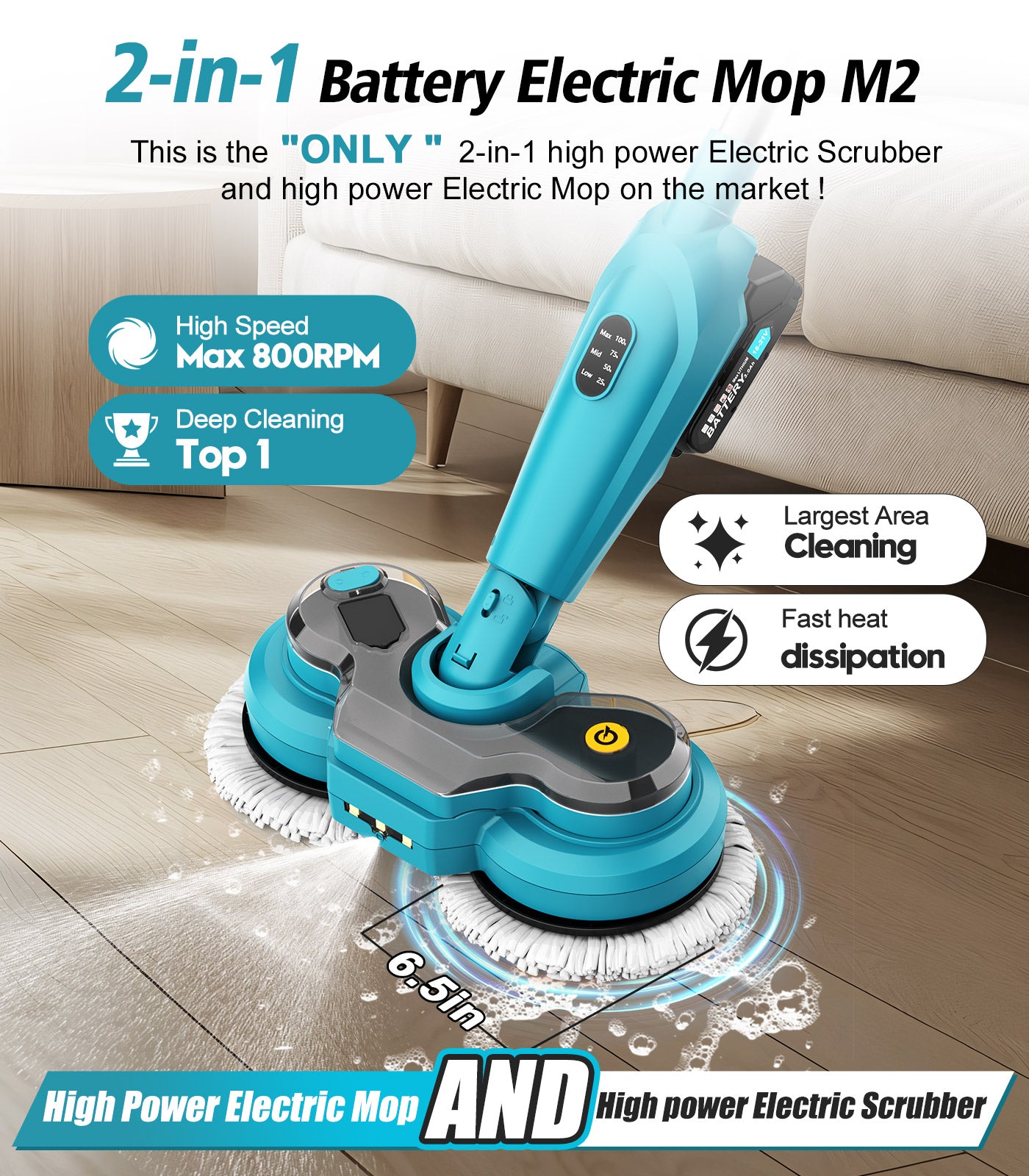 Amiluo Cordless Electric Mop, 800 RPM Dual-Motor Power Spin Mop for Floor Cleaning with 6,000 mAh Large Battery, Water Spray, LED Headlights & Smart Display, Self-Propelled for Multi-Surface, M2