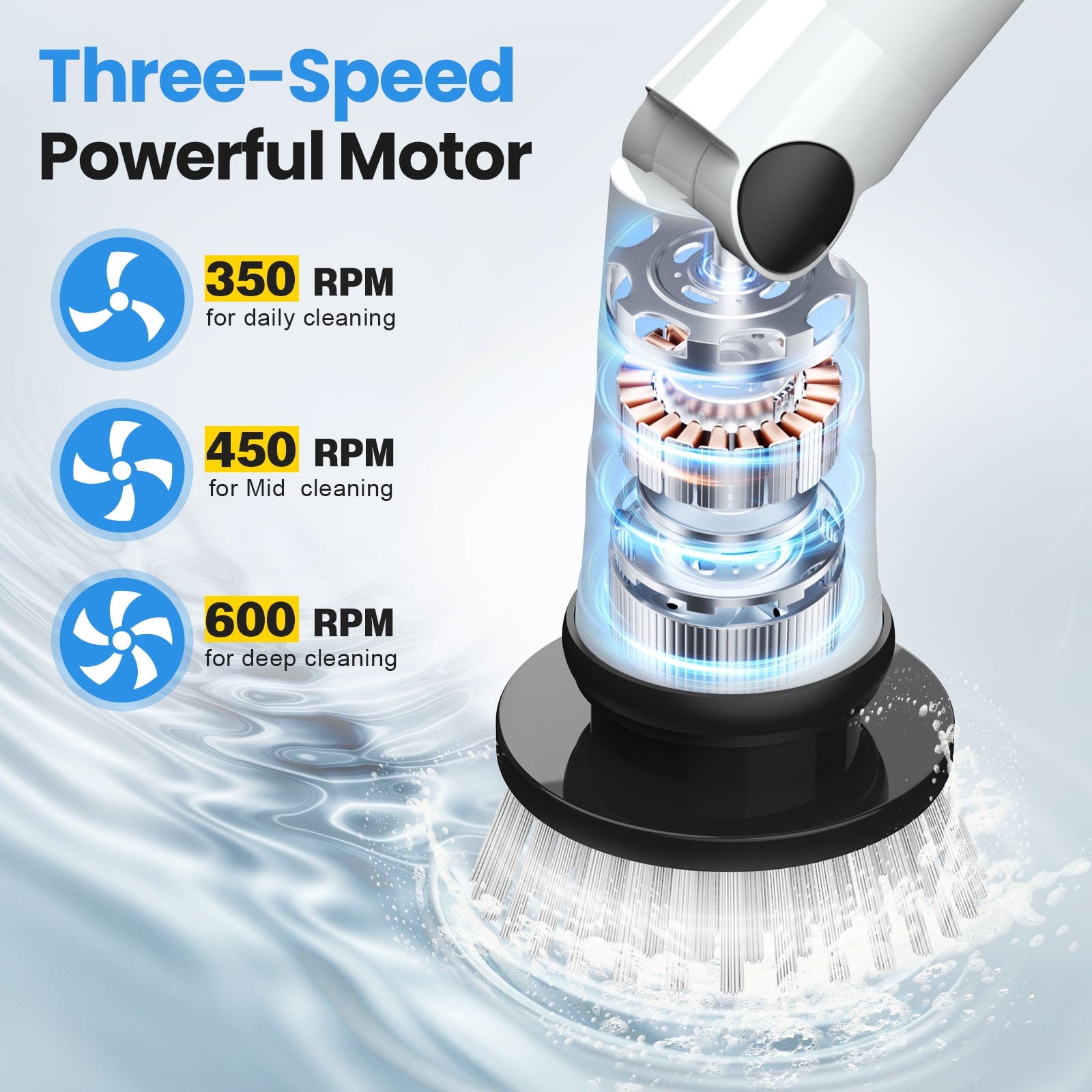 Amiluo Electric Spin Scrubber, 600 RPM Cordless Bathroom Cleaning Brush, 3 Speeds Power Scrubber with Adjustable Handle & 8 Replaceable Heads, Shower brush for Tub Tile Floor, A2/White