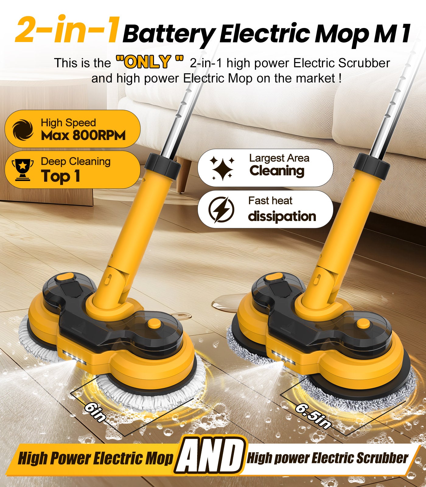 Amiluo Cordless Electric Mop, with LED Headlight & Water Sprayer, Dual-Motor Powerful Spin Mop with 300ML Water Tank, Self-Propelled, Effortless Clean & Waxing
