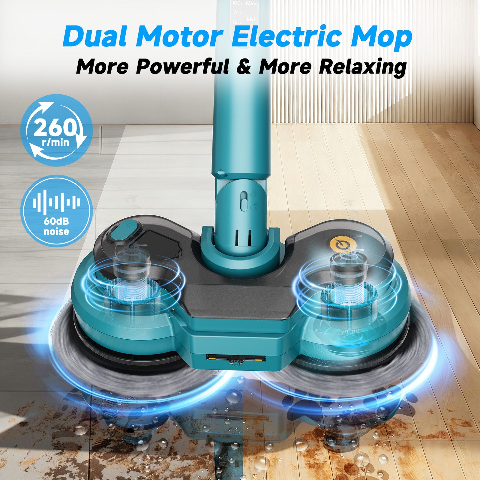 Amiluo Cordless Electric Mop, 5000 mAh Battery Spin Mop for Floor Cleaning, 400 RPM Power Scrubber with Water Spray, LED Headlights & Smart Display, Dual-Motor, Self-Propelled, Multi-Surface, M1