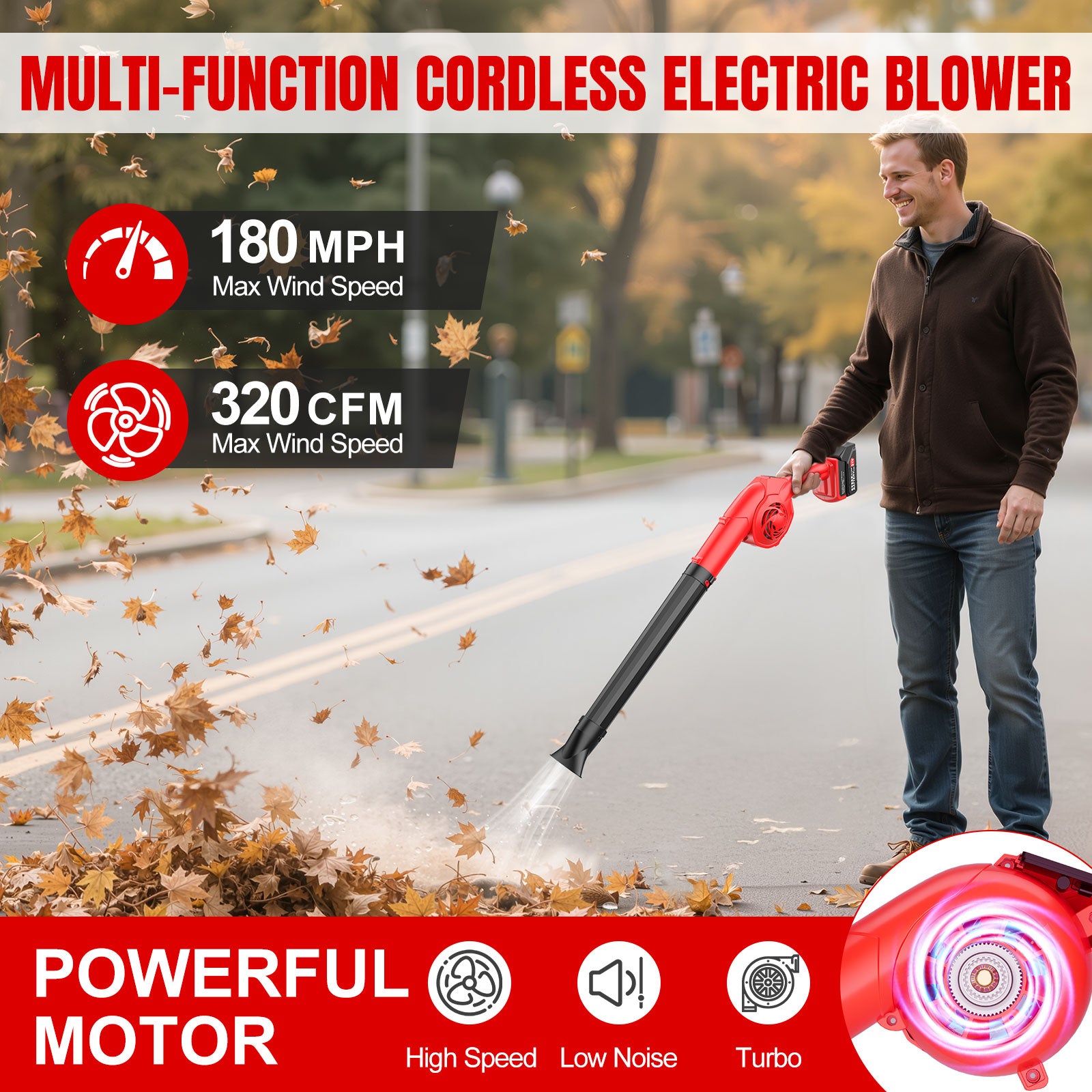 Tanbaby 21V Cordless Leaf Blower, 320CFM Electric Leaf Blowers, 3 Speed Mode, 330W 180MPH with 2x 2.5Ah Batteries, Lightweight Powered Blowers for Leaf/Snow/Dust Blowing