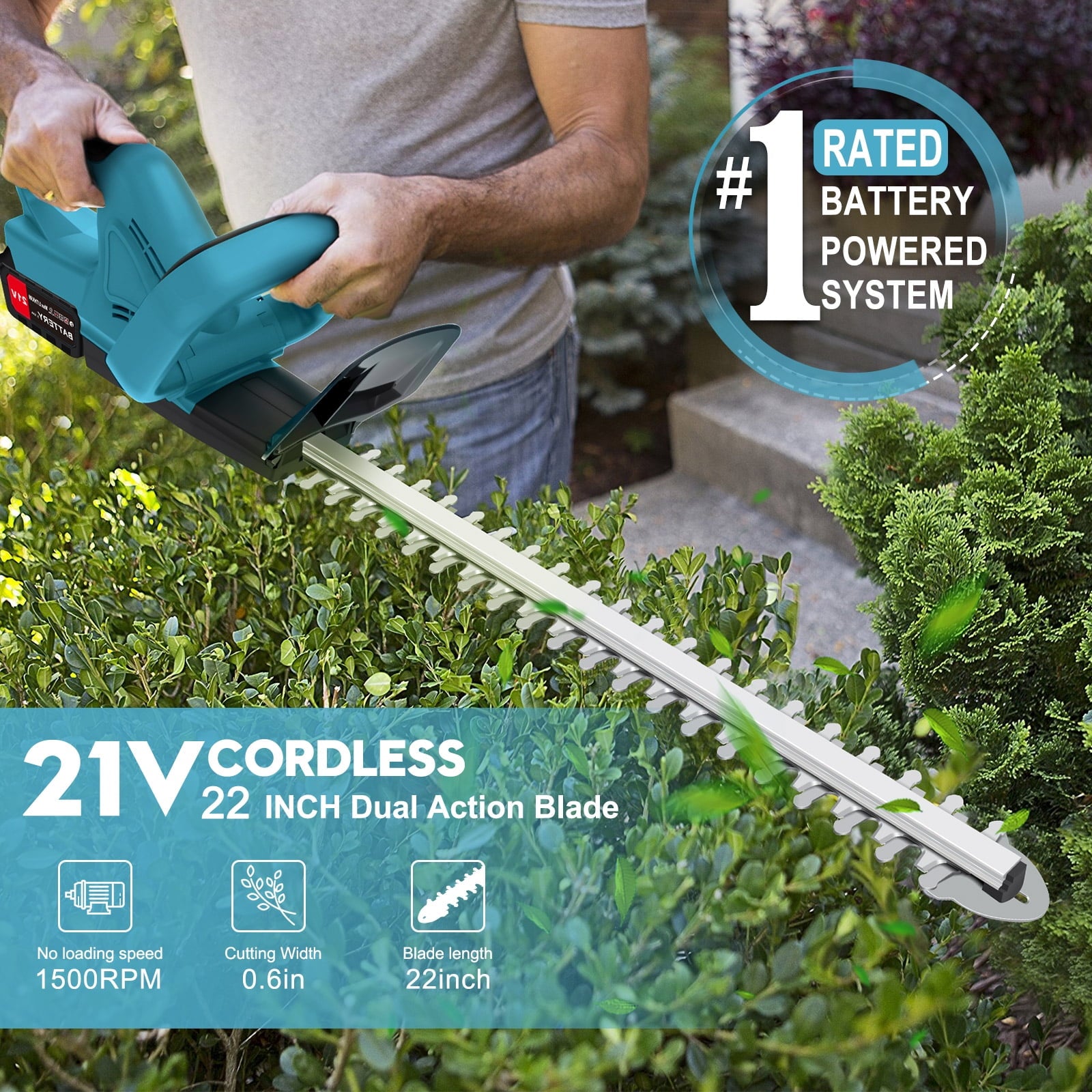 Tanbaby 21V 22" Cordless Electric Hedge Trimmer with 3.0Ah Battery & Charger for Bush & Shrub Cutting, Trimming, Pruning