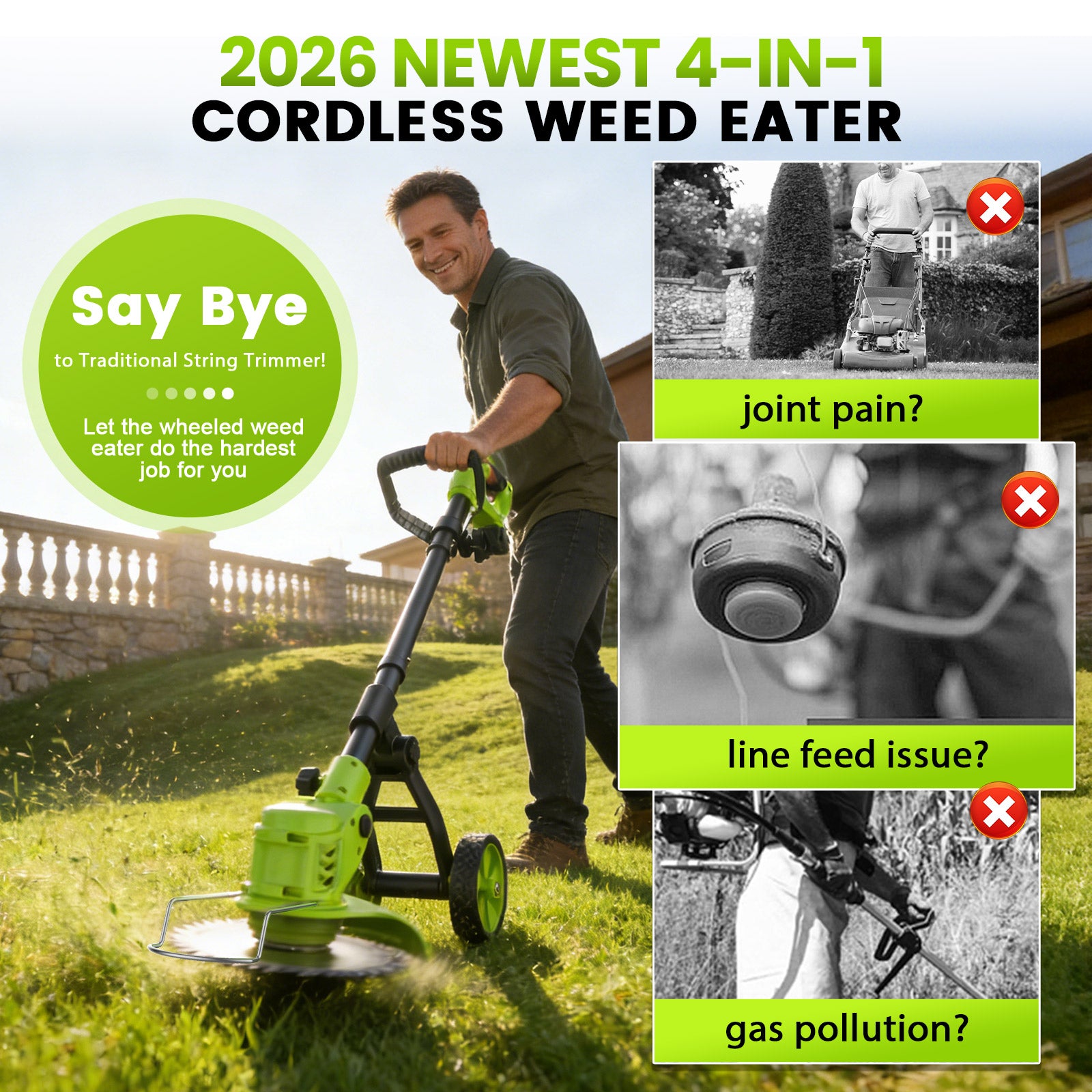 Fovendi 6 inch Weed Eaters Cordless with 2026 Upgraded Wheels, 3-in-1 Battery Powered Grass Trimmer & String Trimmer/Edger Kit for Lawn Garden Trimming