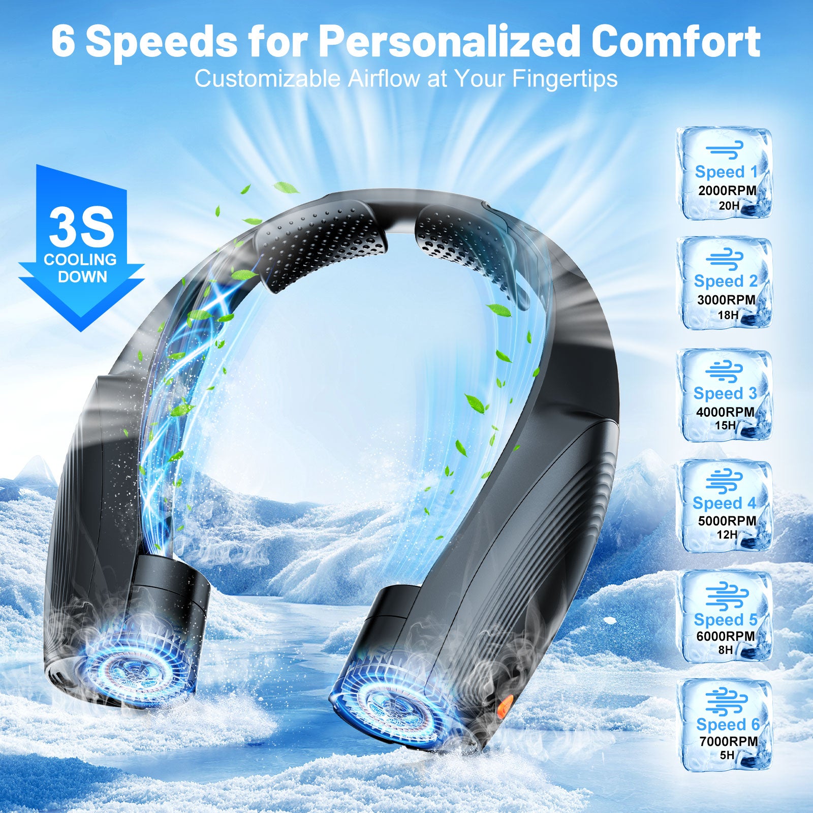 Lemolifys Portable Neck Fan, 6-Powerful Speeds Wearable Fan with 8000mAh Battery, USB Rechargeable Fan, Hands-Free 360° Cooling Personal Neck Fan for Indoor/Outdoor, Gift for Women, Men - Black