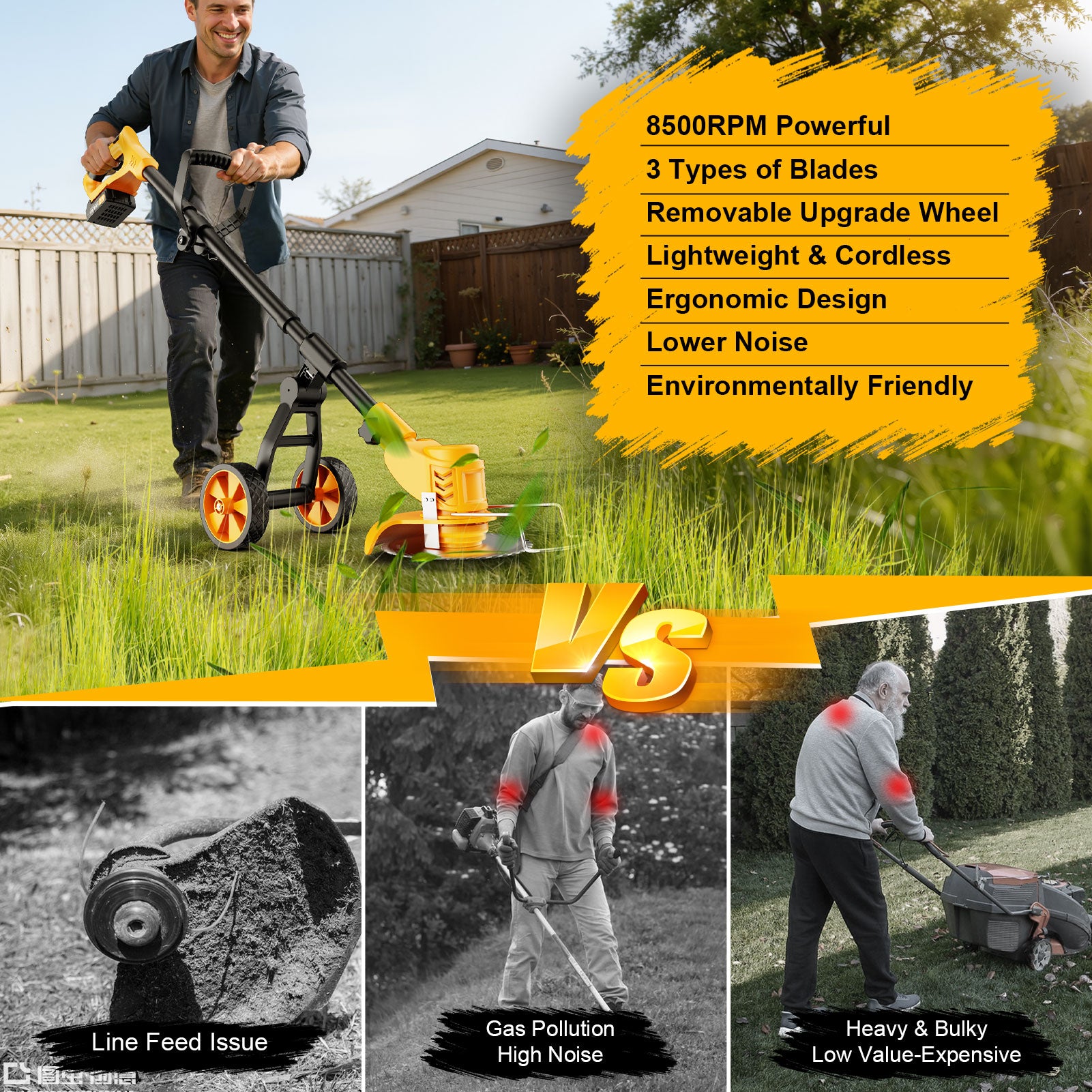 Lemolifys 6-inch Weed Eaters with Wheels & 3 Blades, 21V Battery String Trimmer for Lawn Yard Garden