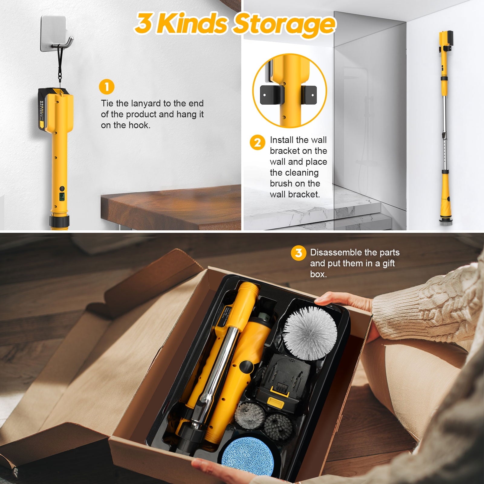 1200RPM Electric Spin Scrubber with 2 Battery, Amiluo Bath Cleaning Brush, Power Scrubber for Bathroom/Kitchen/Tile/Floor(Yellow)