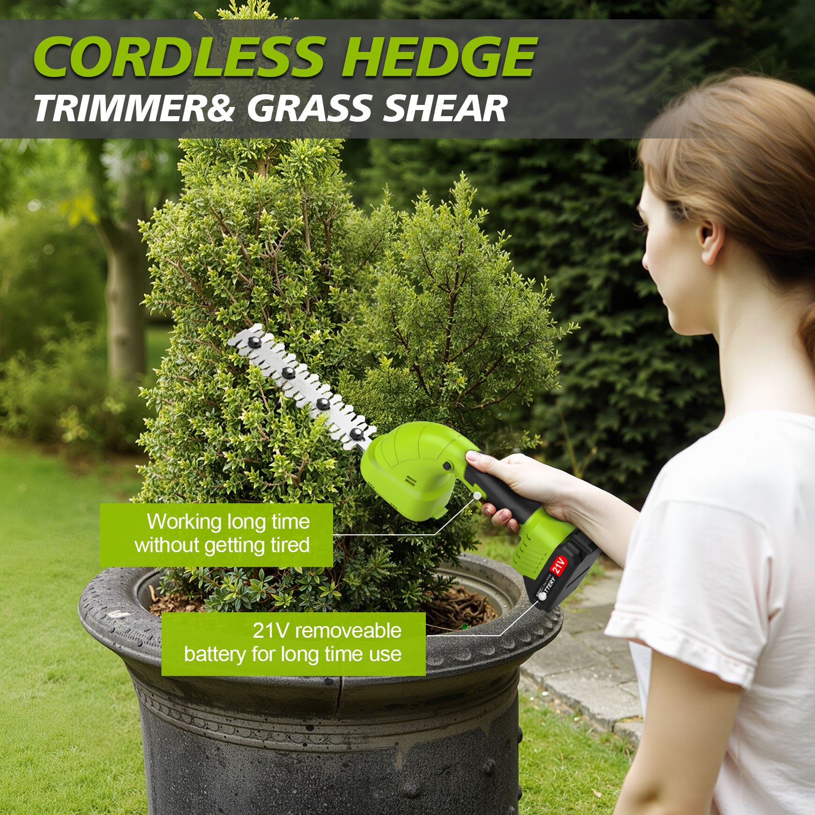 Fovendi Hedge Trimmer Cordlesss,2-in-1 Handheld Grass Shears,21V Electric Shrub Cutter with 2 Rechargeable Battery for Garden, Lawn, Yard