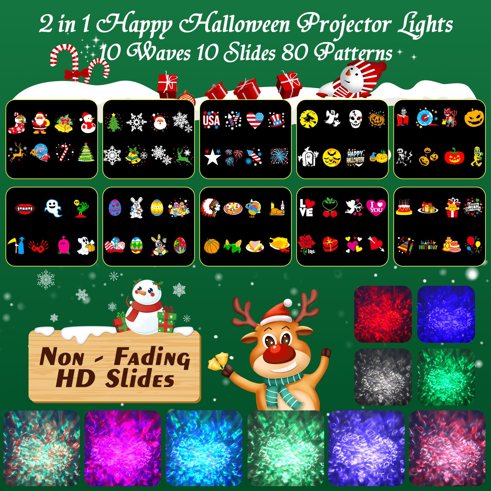Tanbaby Brighter Valentine's Day Decorations Projector Lights and Christmas Projector Outdoor/Indoor 2024 Upgrade w/ 10 HD Effects 3D Ocean Wave 80 Themes Holiday Projector(10 Slides x 8 Patterns)