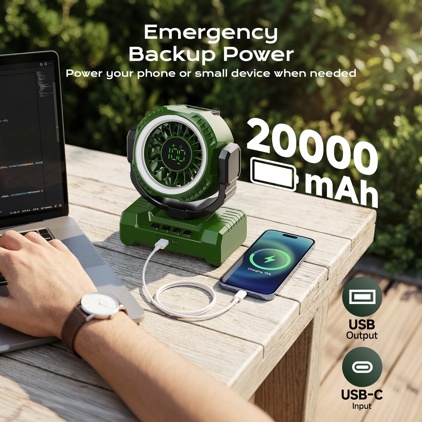 Fimilo 20000mAh Camping Fan with Light, Portable Fan Rechargeable with Hook, 100 Speeds, Remote, Timer, 180° Oscillation, Battery Powered for Outdoor Tent Beach Travel