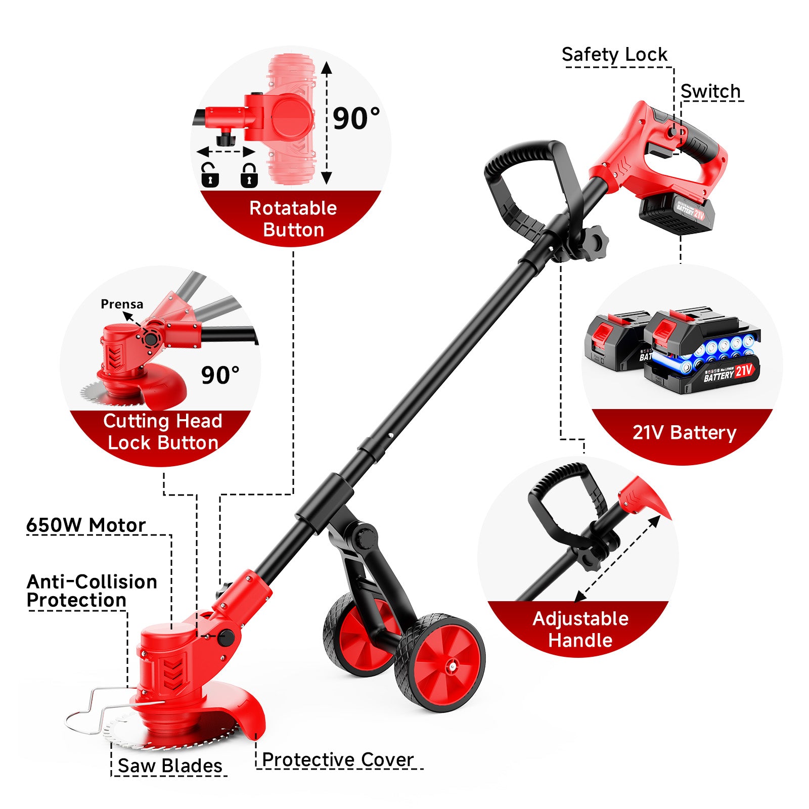 Tanbaby 6 inch Weed Eaters Cordless with Wheels, 3-in-1 Battery Powered Grass Trimmer & String Trimmer/Brush Cutter, Lawn Mower Edger Lawn Tool for Garden Yard